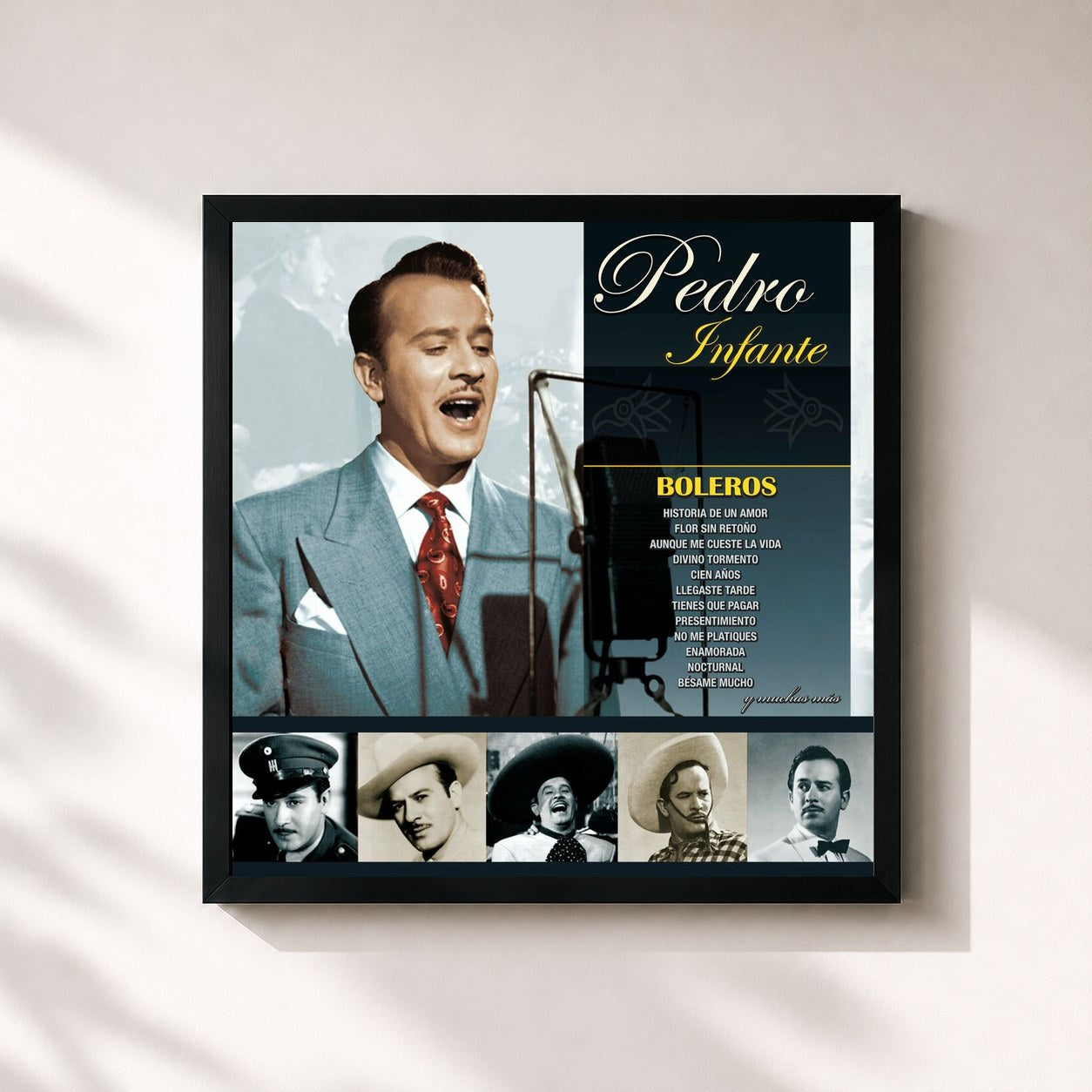 #noir Tableau carré de l'album Boleros 50 Exitos de Pedro Infante, cadre noir 32x32 cm