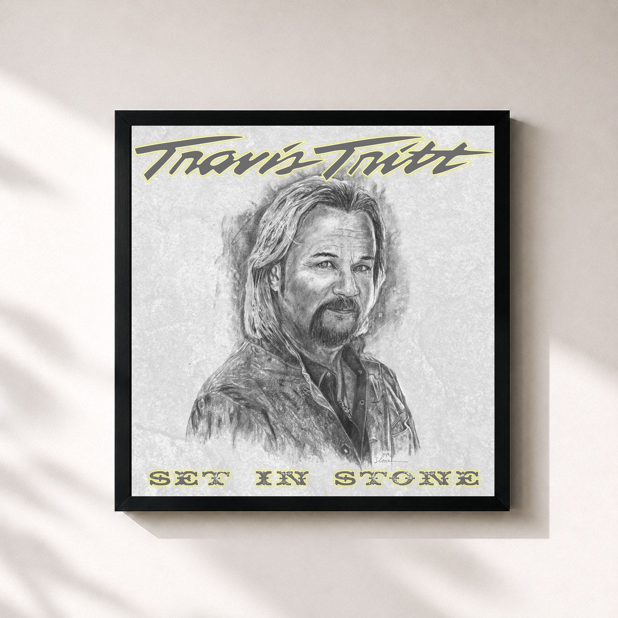 #noir Tableau carré de l'album Set In Stone de Travis Tritt, cadre noir 32x32 cm