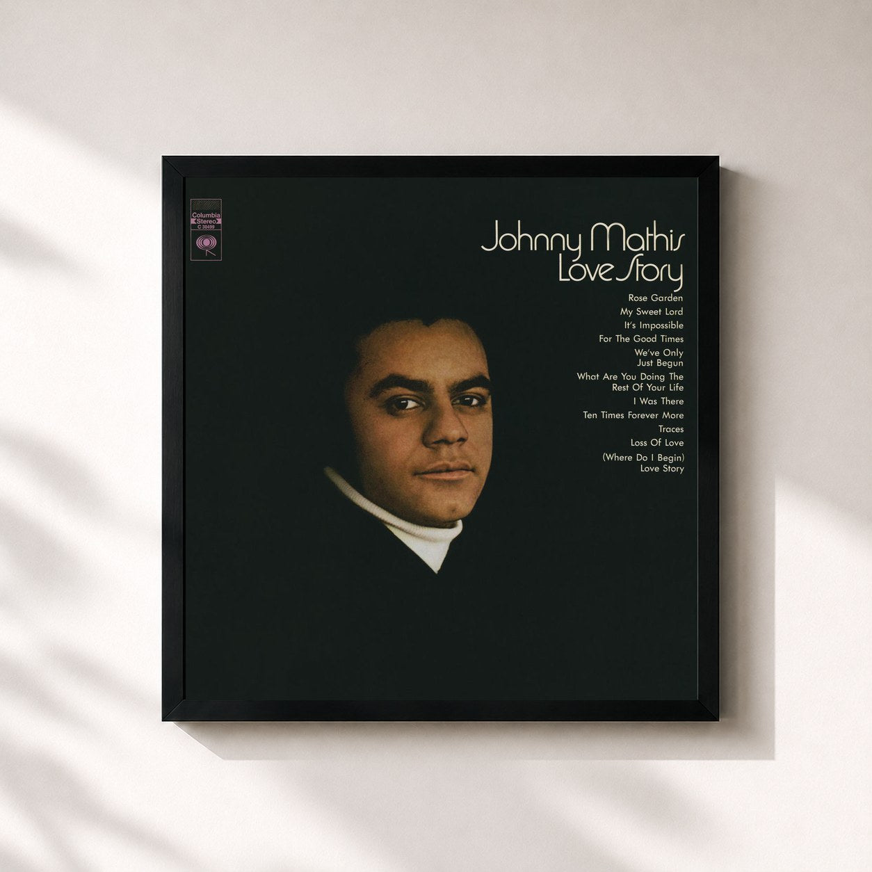 #noir Tableau carré de l'album Love Story de Johnny Mathis, cadre noir 32x32 cm