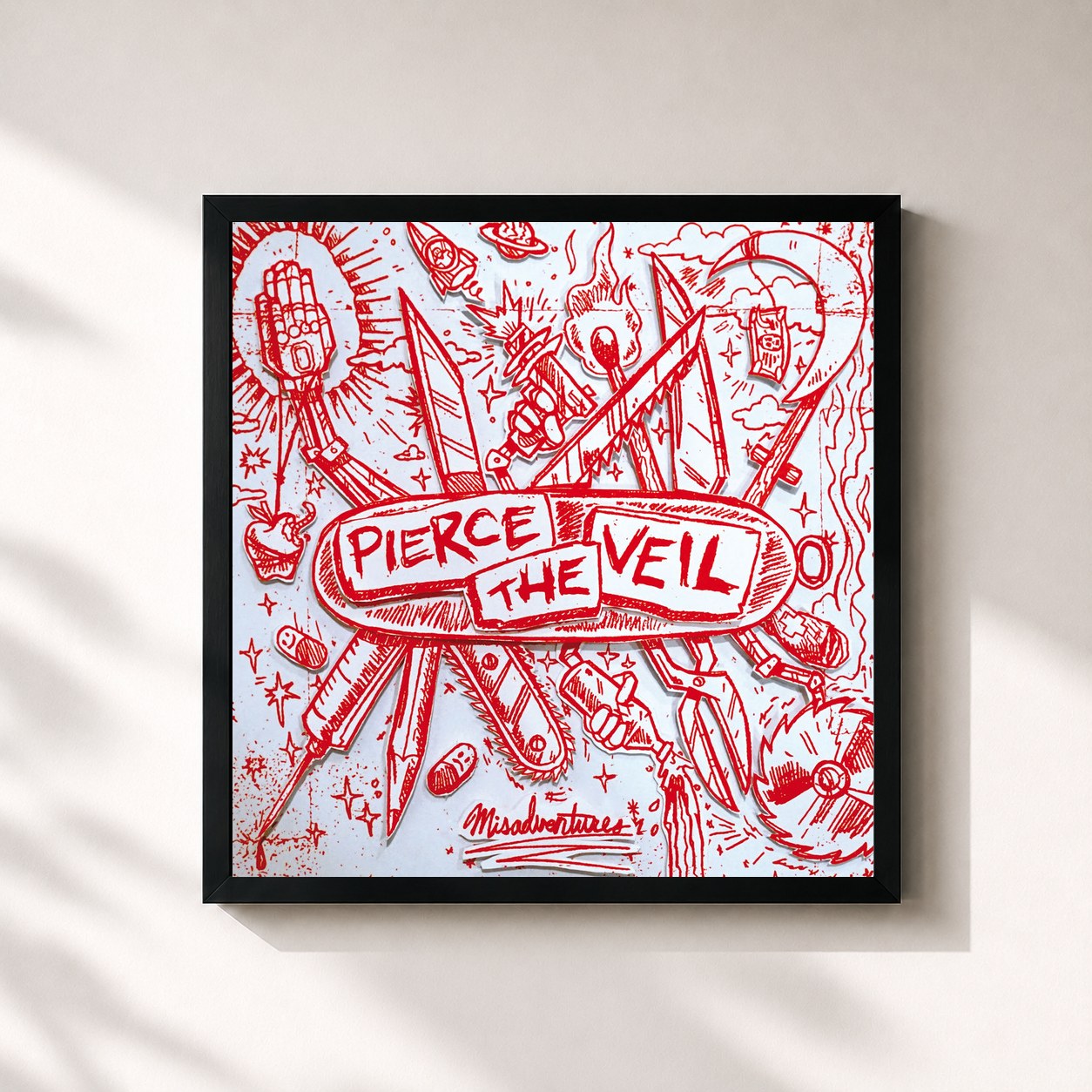 #noir Tableau carré de l'album Misadventures de Pierce the Veil, cadre noir 32x32 cm