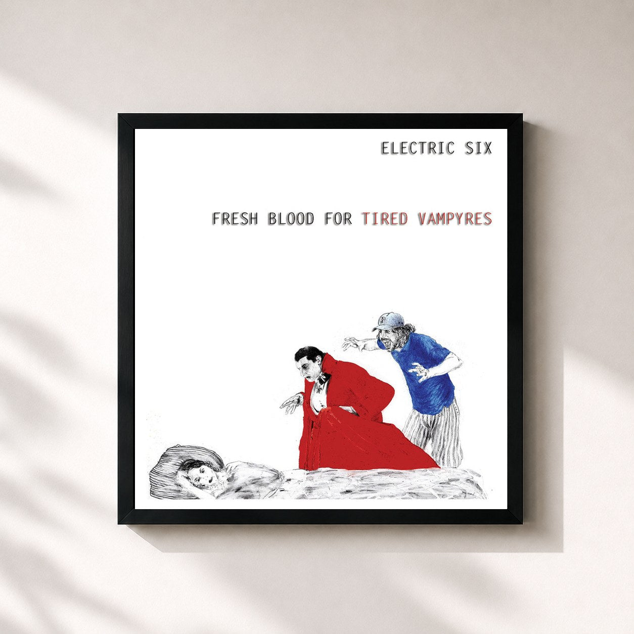 #noir Tableau carré de l'album Fresh Blood For Tired Vampyres de Electric Six, cadre noir 32x32 cm