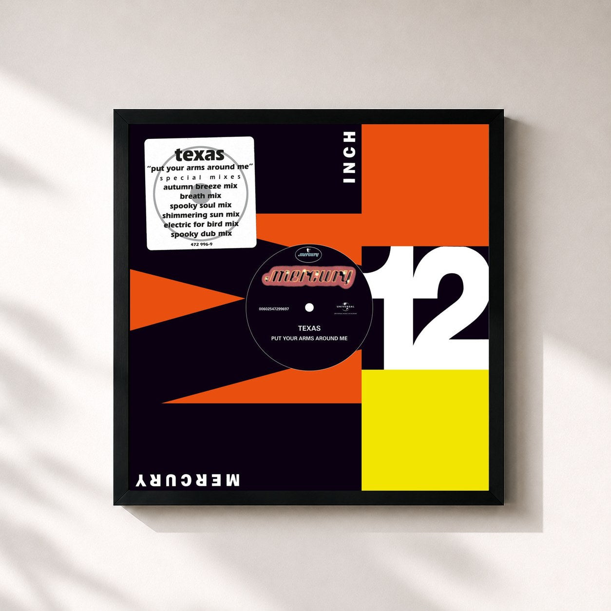 #noir Tableau carré de l'album Put Your Arms Around Me (Remixes) de Texas, cadre noir 32x32 cm