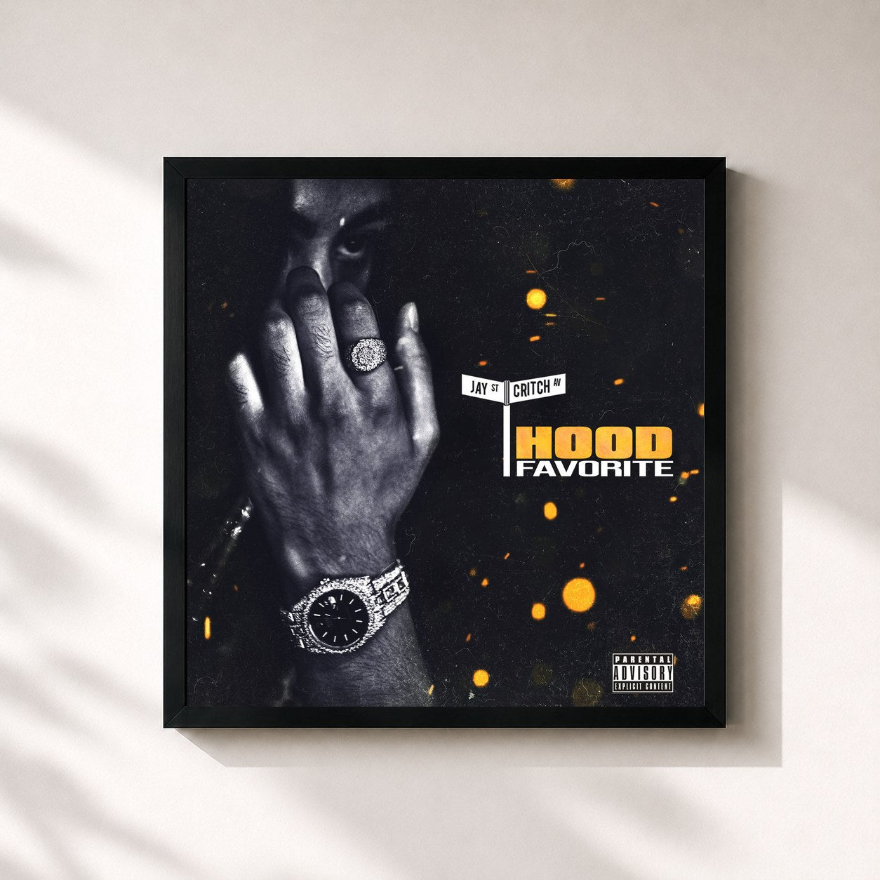 #noir Tableau carré de l'album Hood Favorite de Jay Critch, cadre noir 32x32 cm