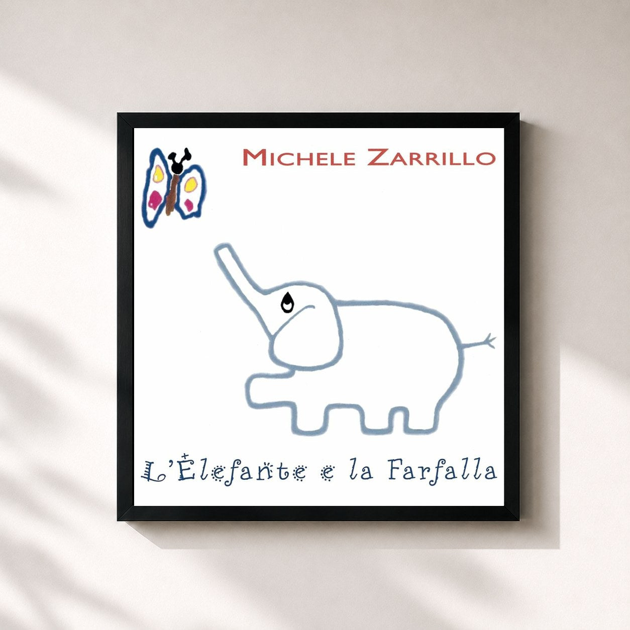 #noir Tableau carré de l'album L'Elefante E La Farfalla de Michele Zarrillo, cadre noir 32x32 cm