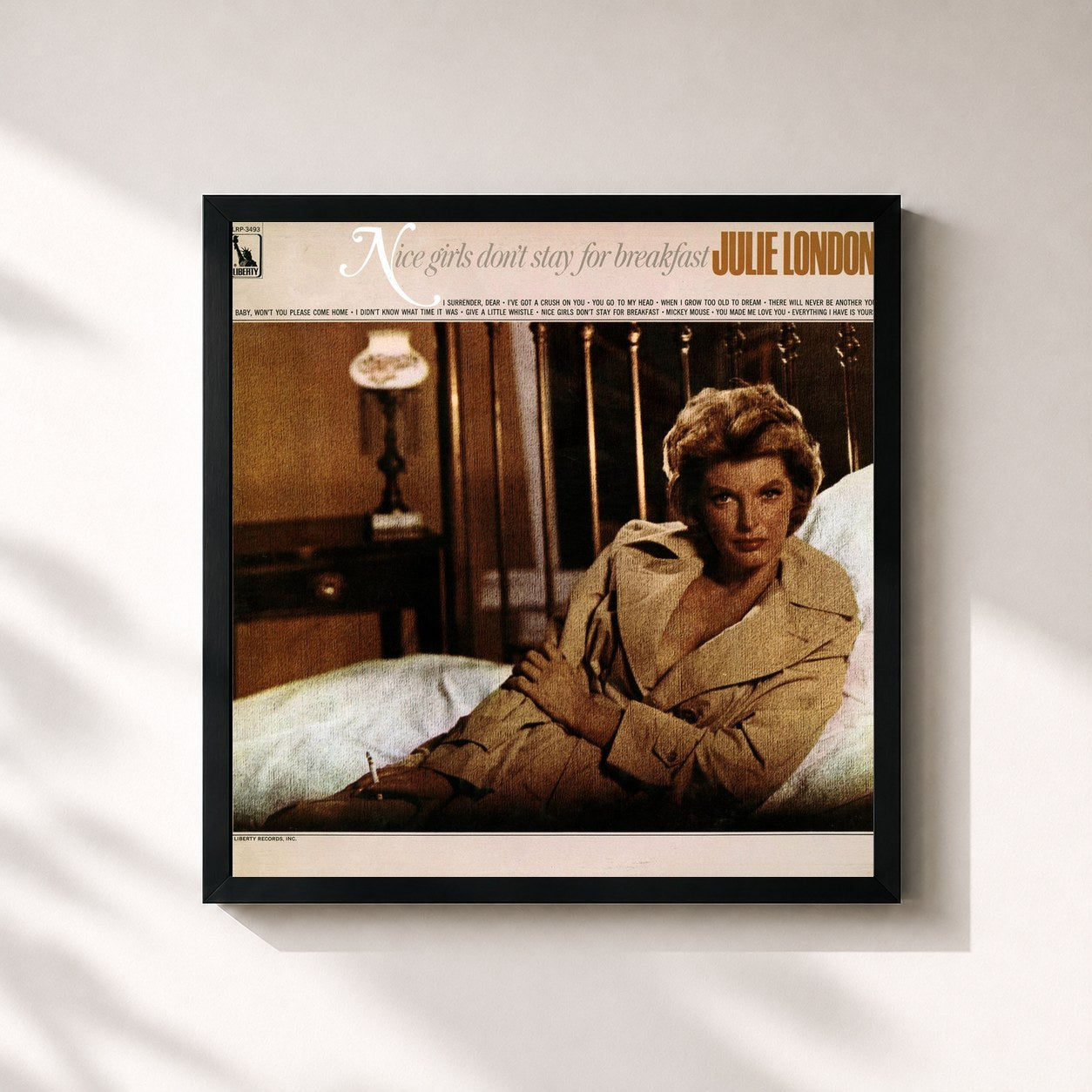 #noir Tableau carré de l'album Nice Girls Don't Stay For Breakfast de Julie London, cadre noir 32x32 cm