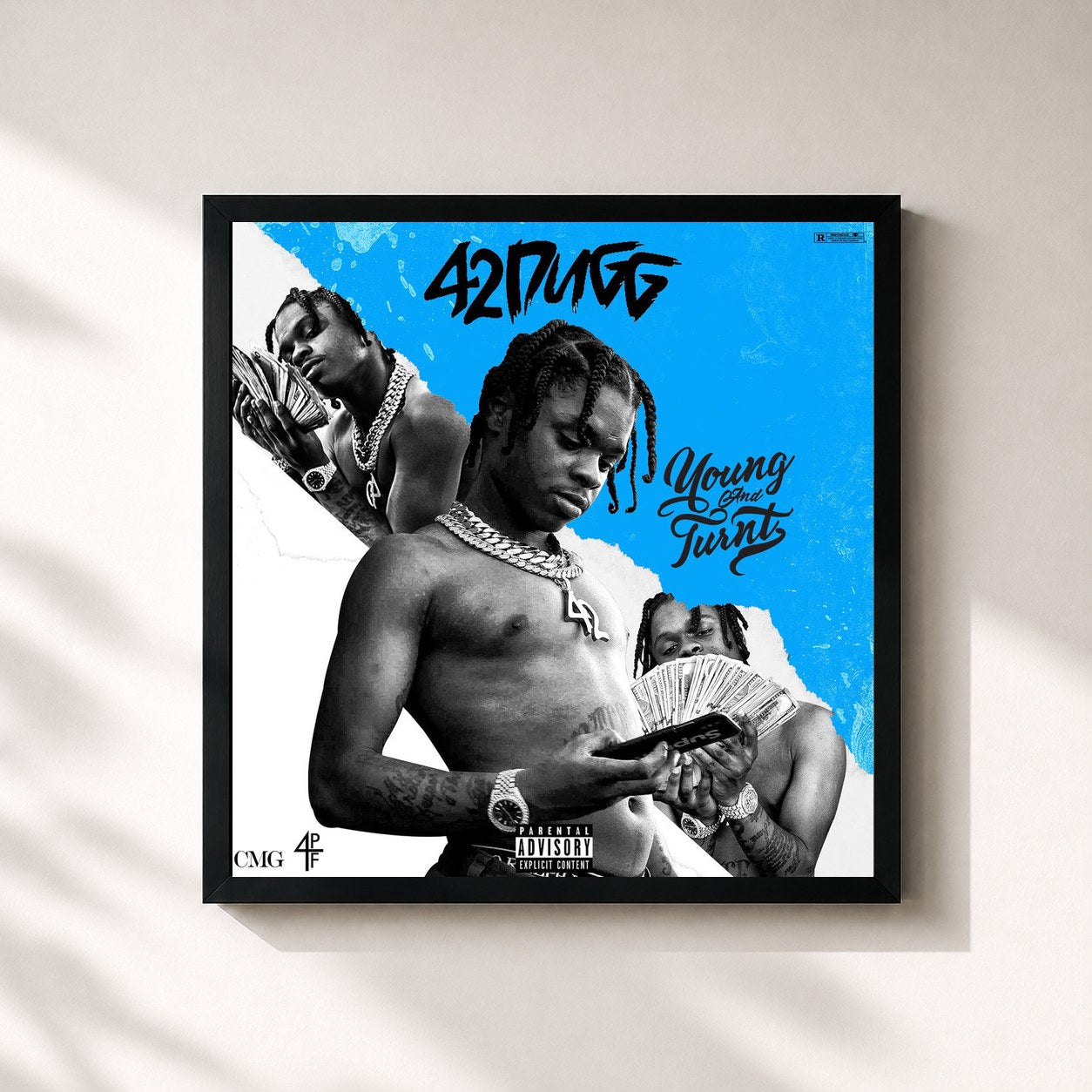 #noir Tableau carré de l'album Young and Turnt de 42 Dugg, cadre noir 32x32 cm