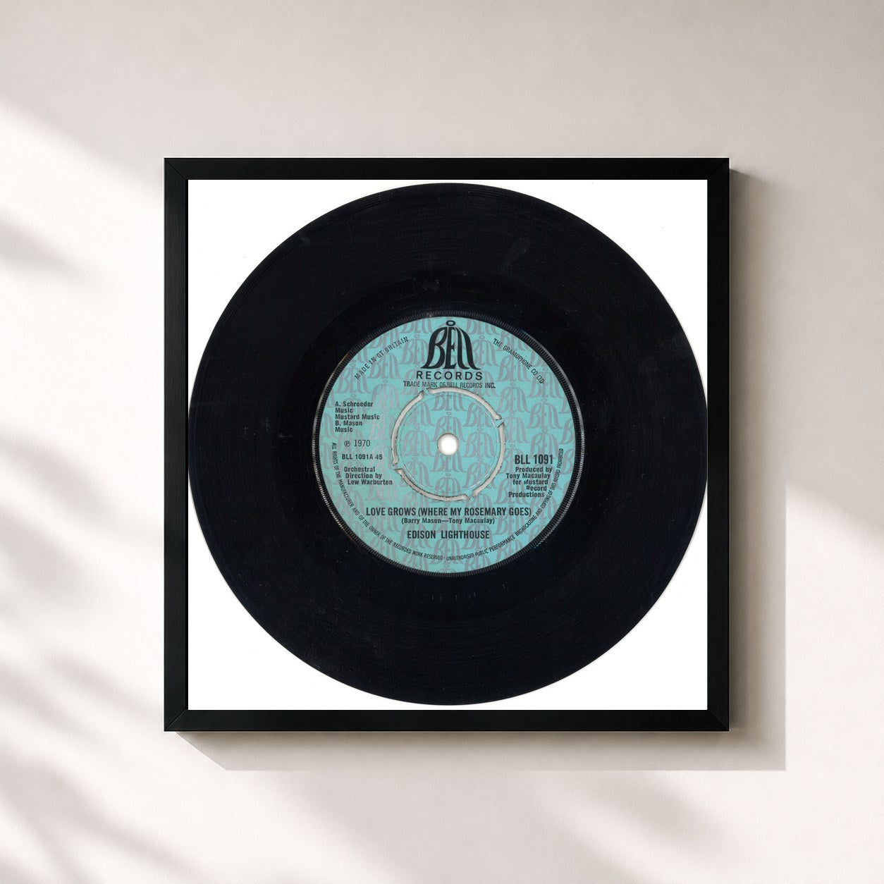#noir Tableau carré de l'album Love Grows (Where My Rosemary Goes) & Other Gems de Edison Lighthouse, cadre noir 32x32 cm