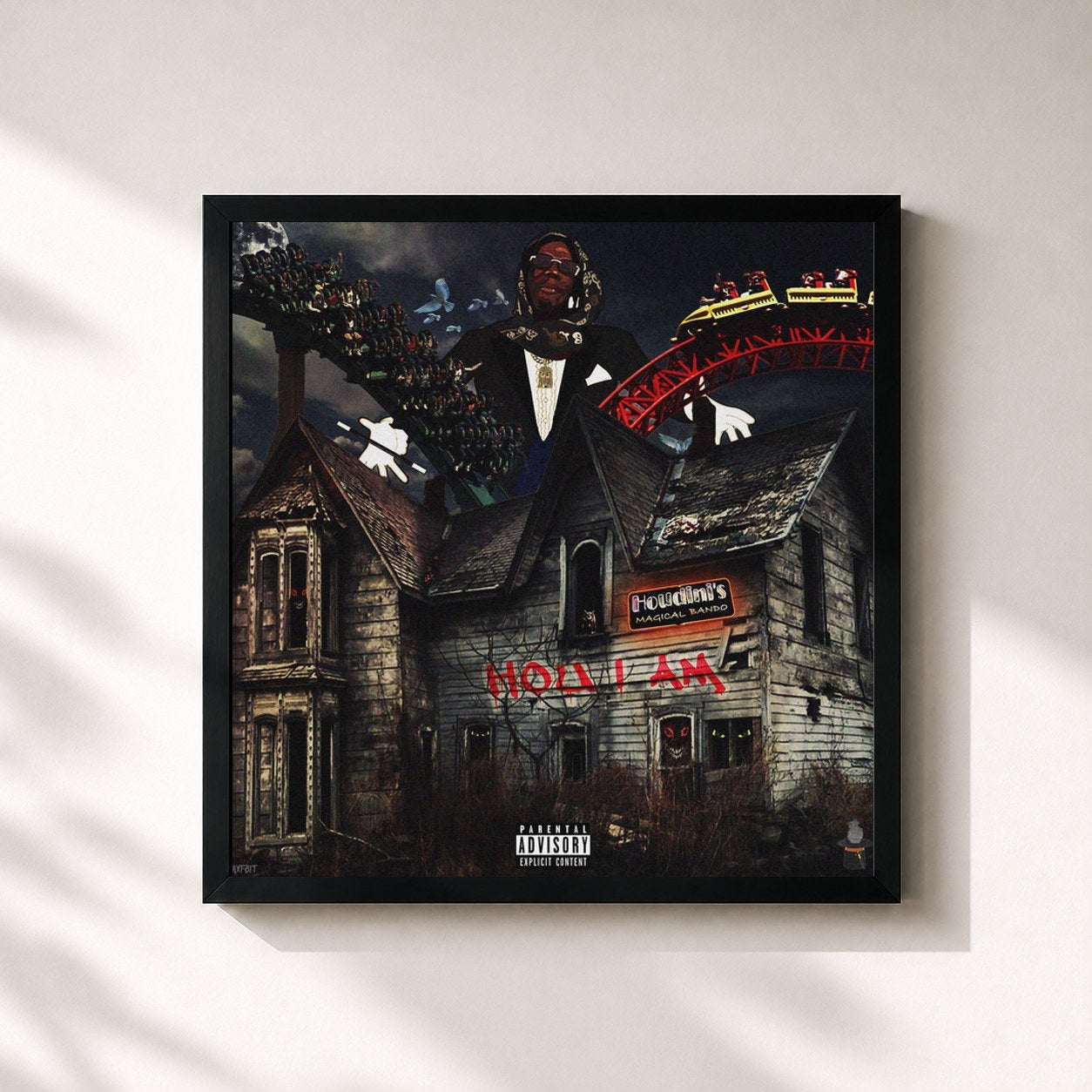 #noir Tableau carré de l'album HOU I AM de Houdini, cadre noir 32x32 cm