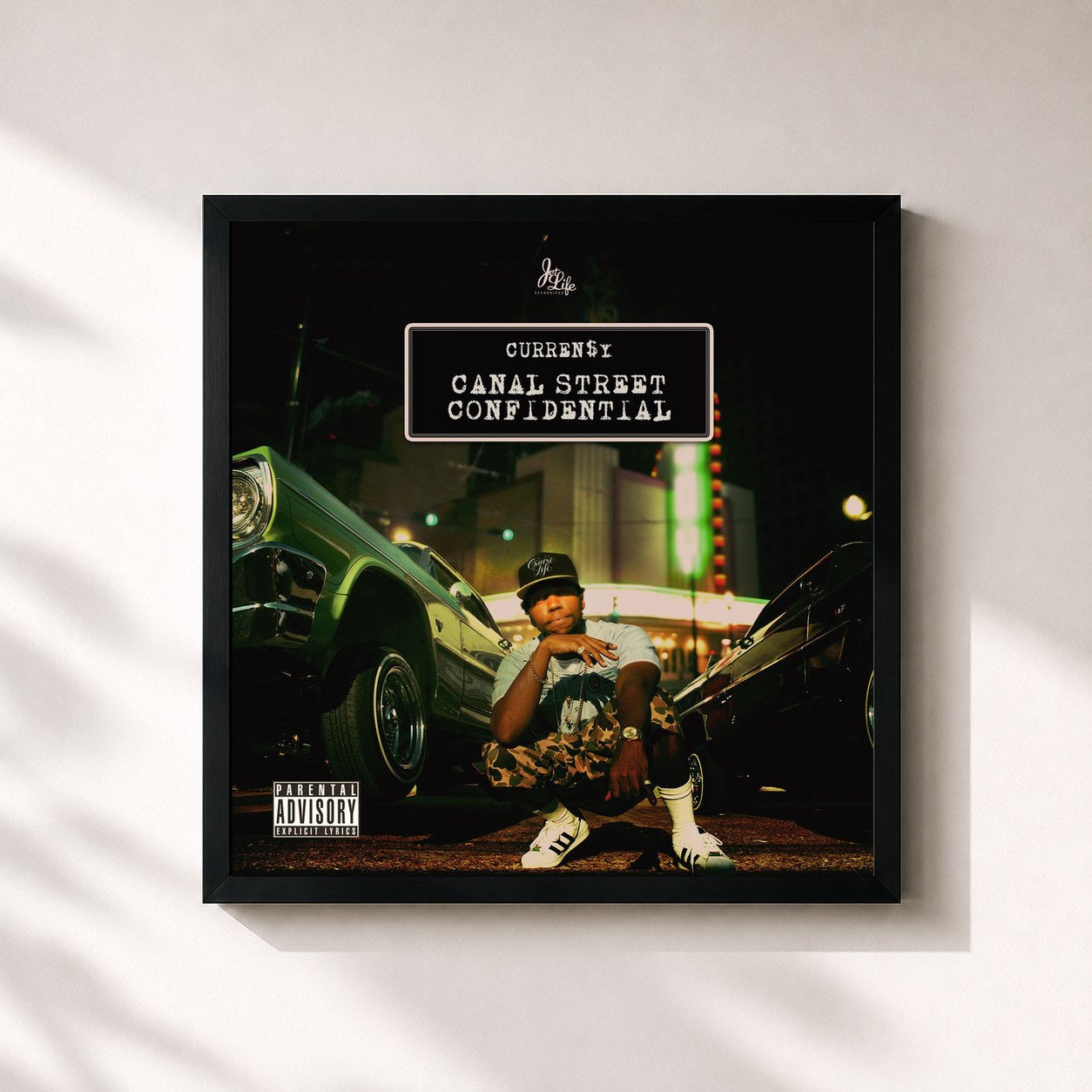 #noir Tableau carré de l'album Canal Street Confidential de Curren$y, cadre noir 32x32 cm