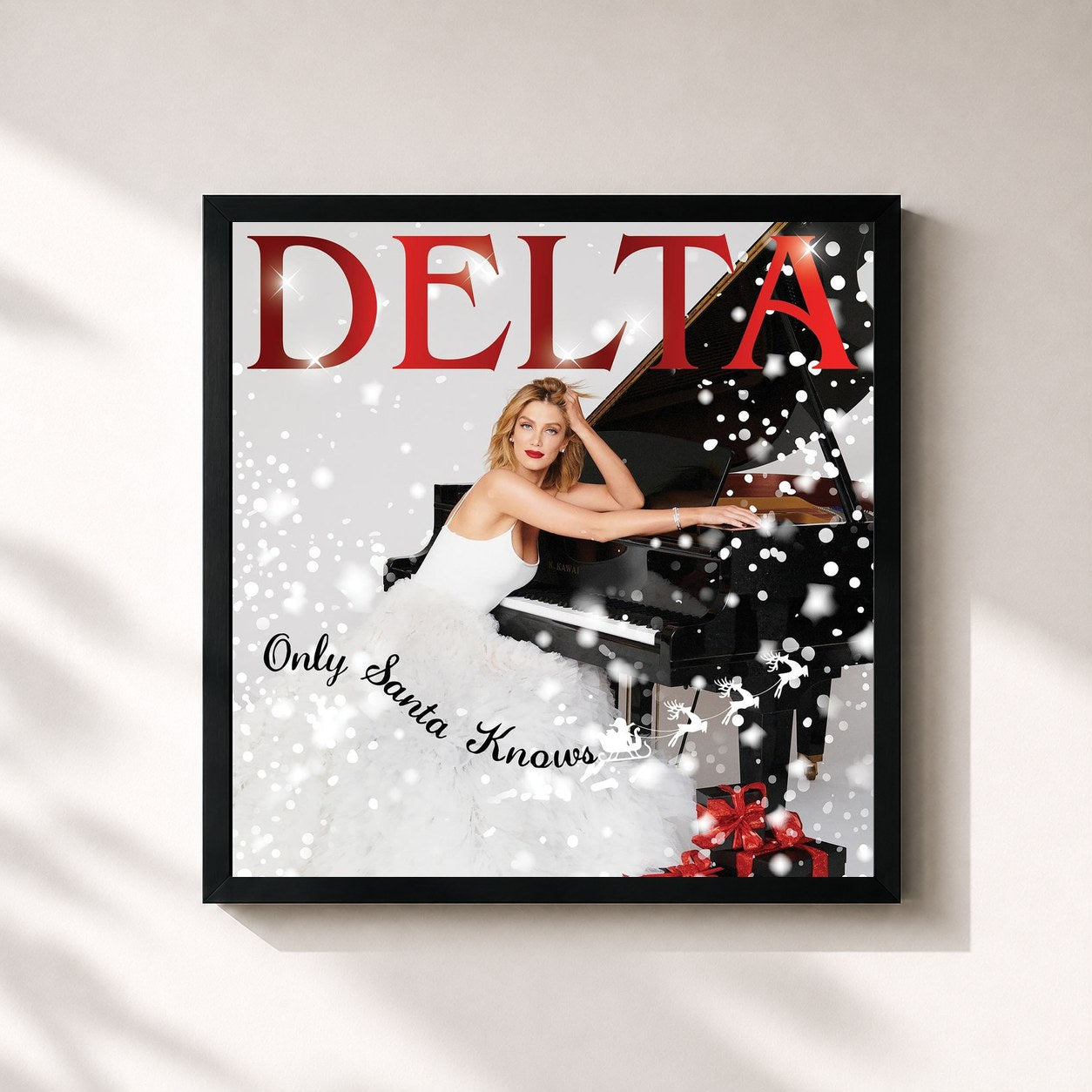 #noir Tableau carré de l'album Only Santa Knows de Delta Goodrem, cadre noir 32x32 cm