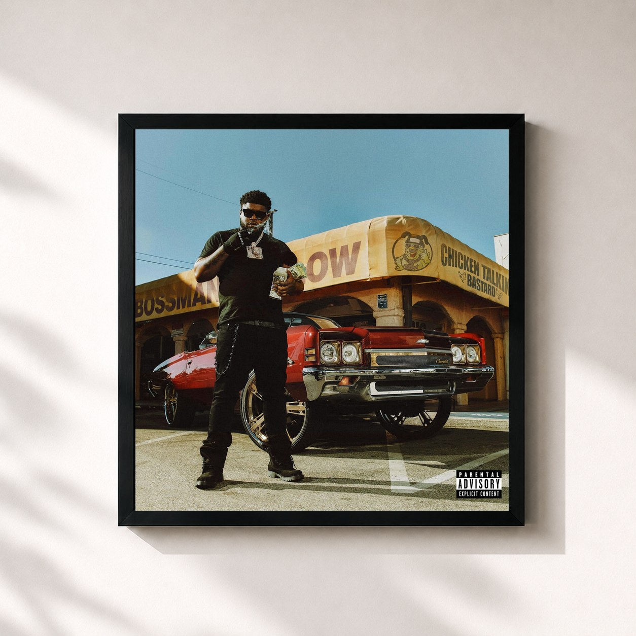 #noir Tableau carré de l'album Chicken Talkin Bastard de Bossman Dlow, cadre noir 32x32 cm
