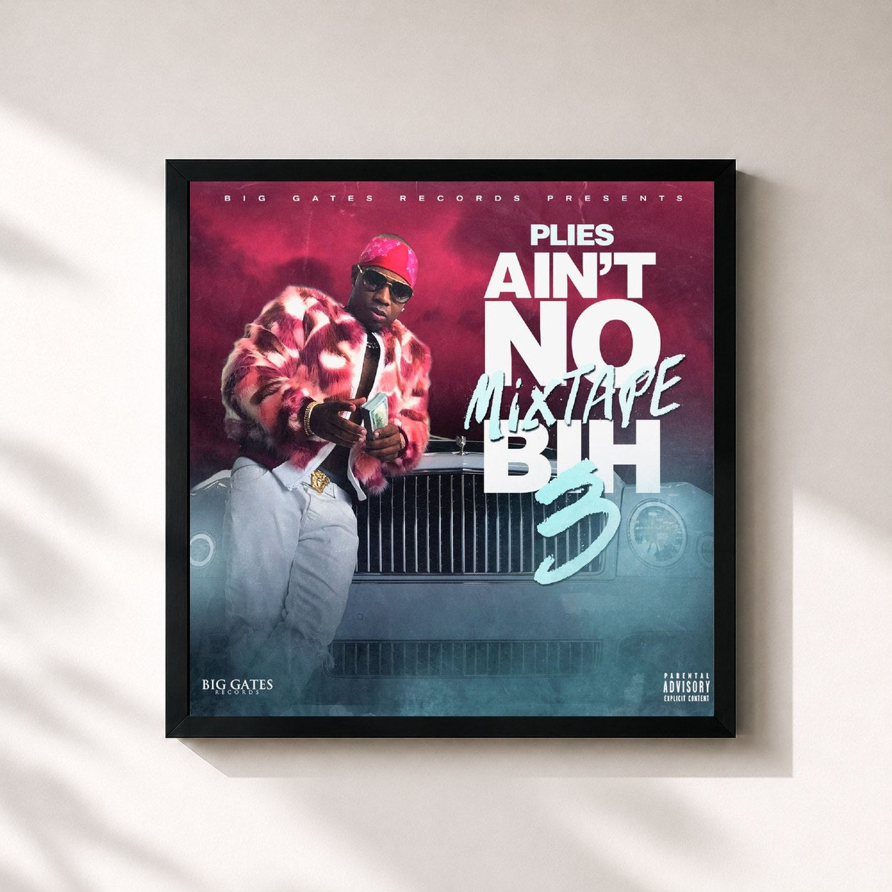 #noir Tableau carré de l'album Ain't No Mixtape Bih 3 de Plies, cadre noir 32x32 cm