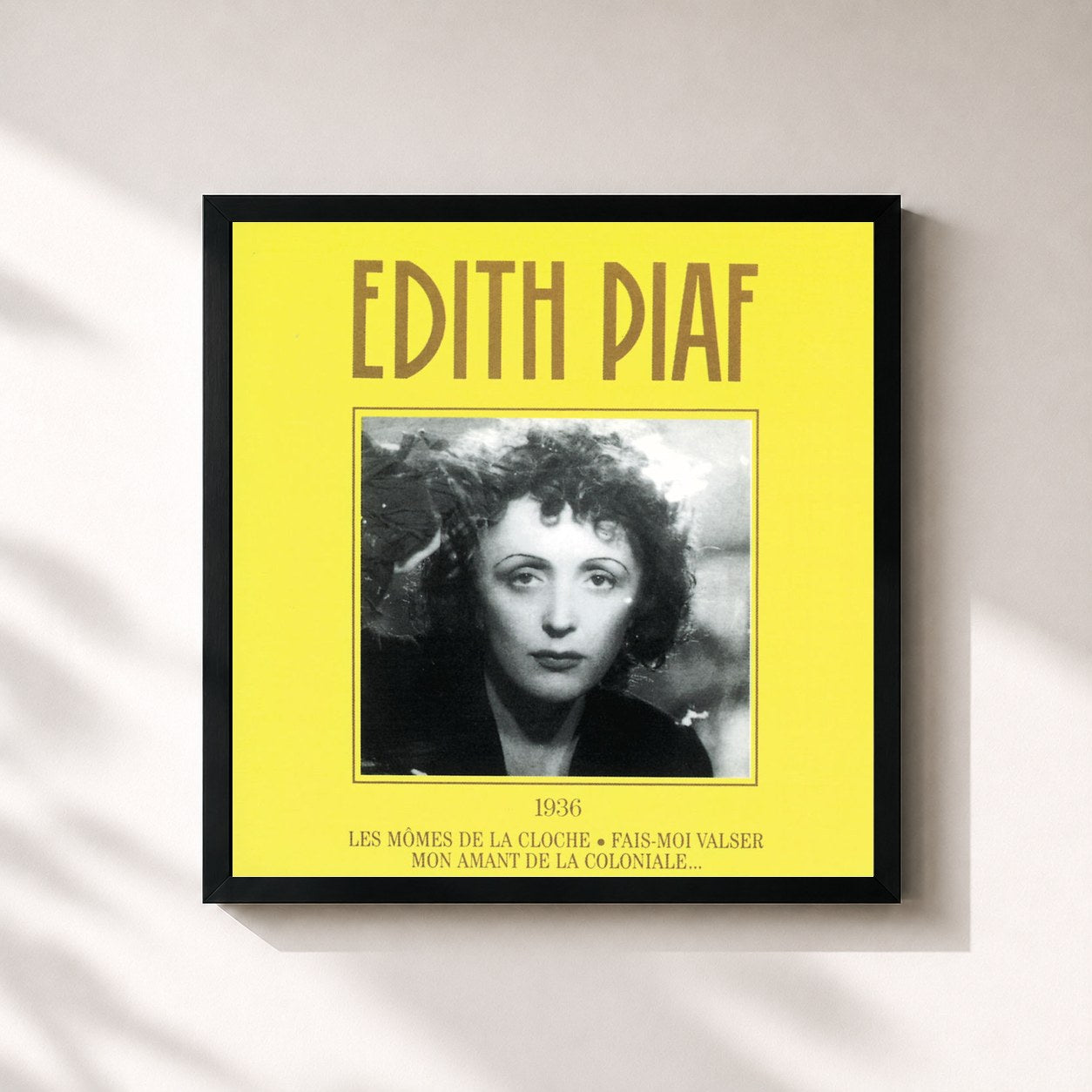 #noir Tableau carré de l'album 1936 de Edith Piaf, cadre noir 32x32 cm