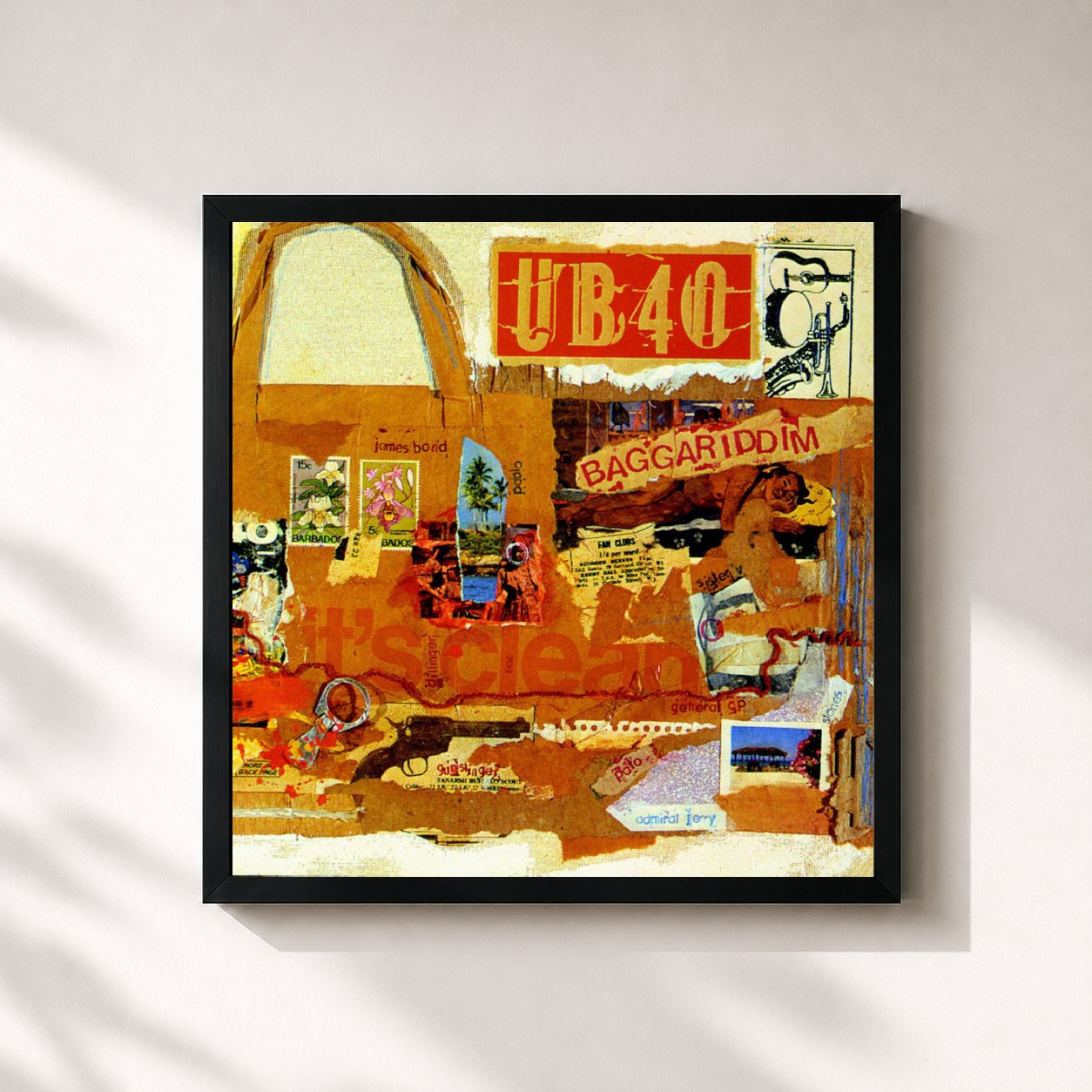#noir Tableau carré de l'album Baggariddim de UB40, cadre noir 32x32 cm