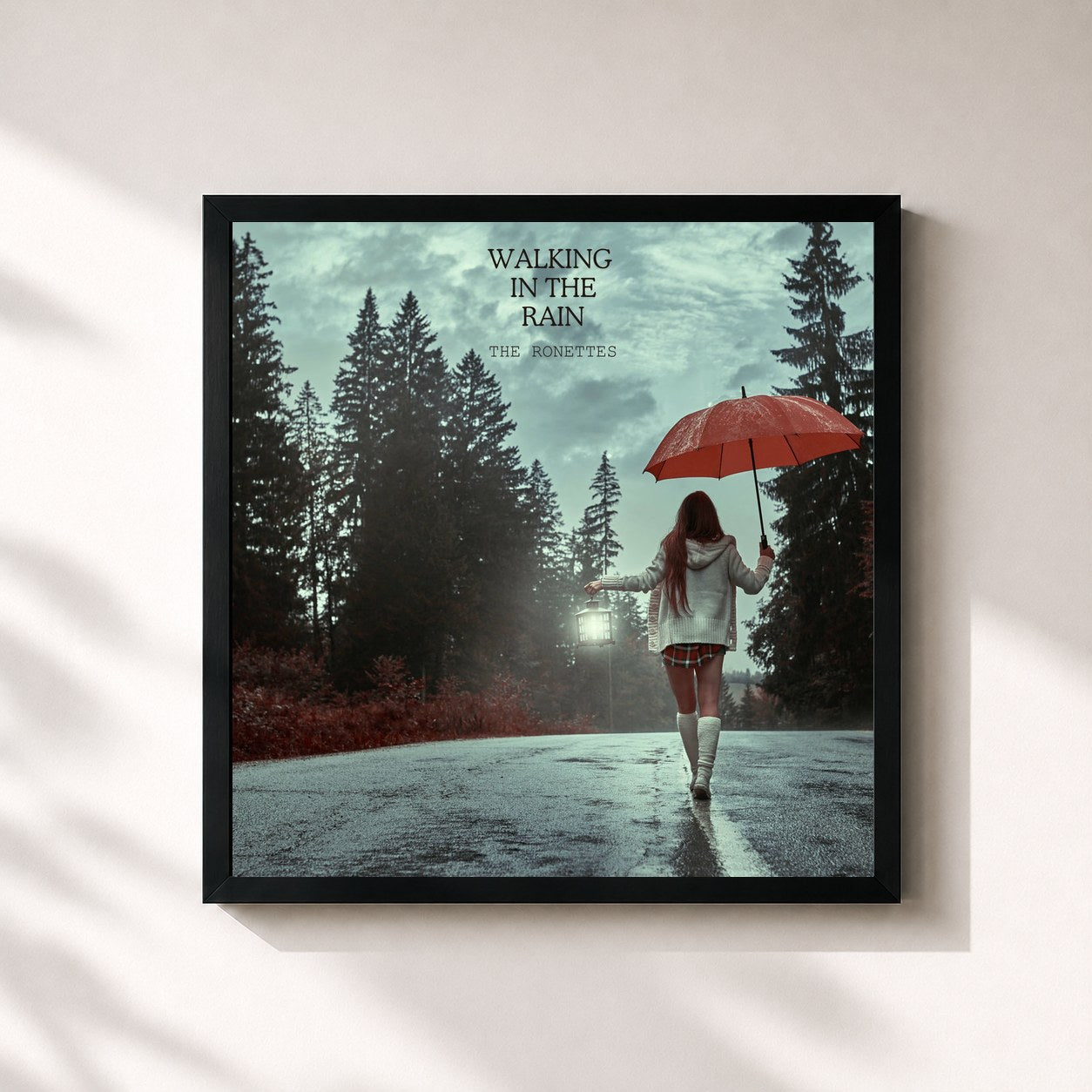 #noir Tableau carré de l'album Walking In The Rain de The Ronettes, cadre noir 32x32 cm