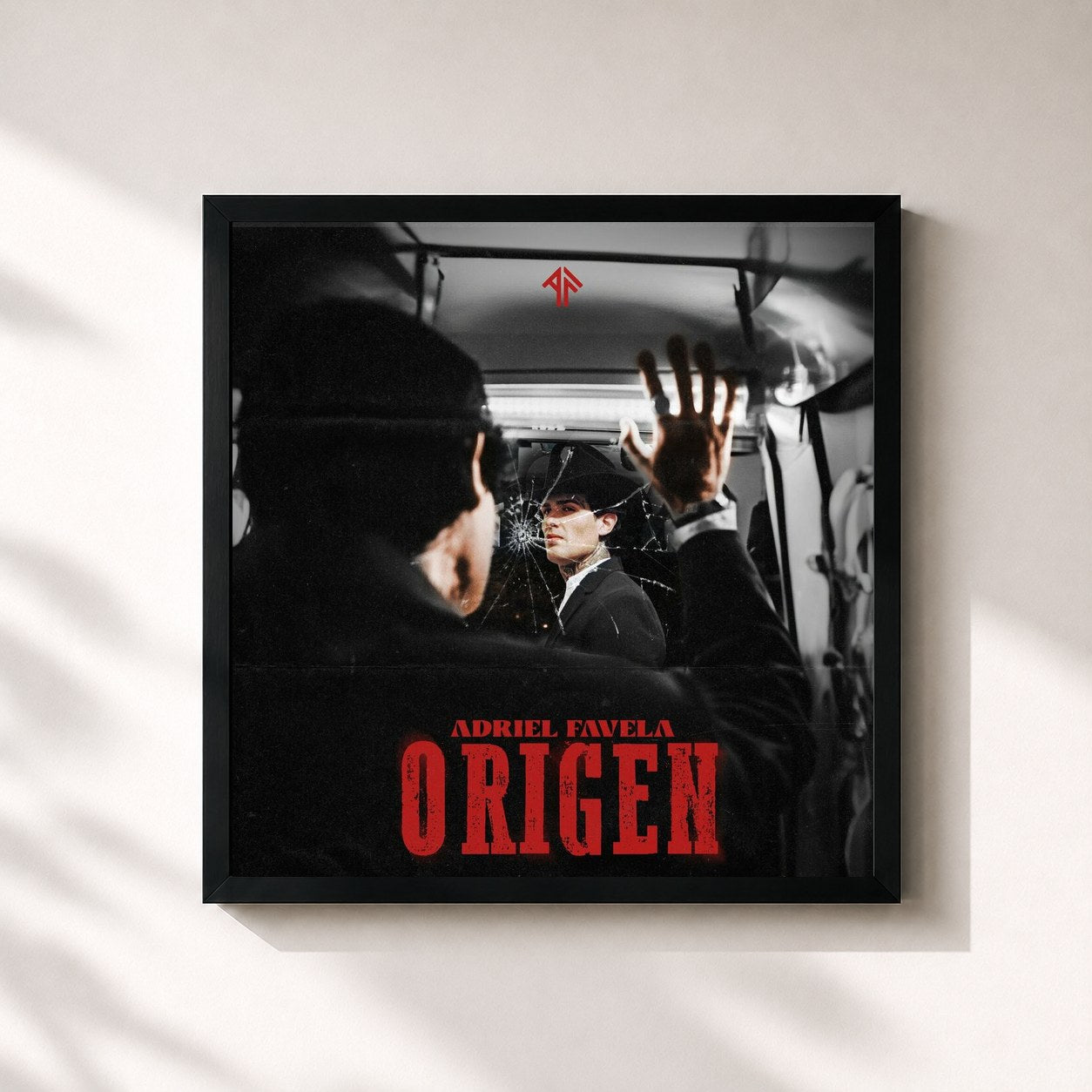 #noir Tableau carré de l'album Origen de Adriel Favela, cadre noir 32x32 cm
