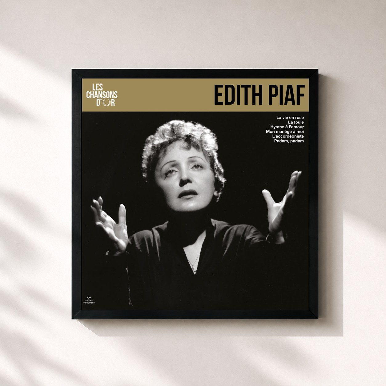 #noir Tableau carré de l'album Les chansons d'or de Edith Piaf, cadre noir 32x32 cm