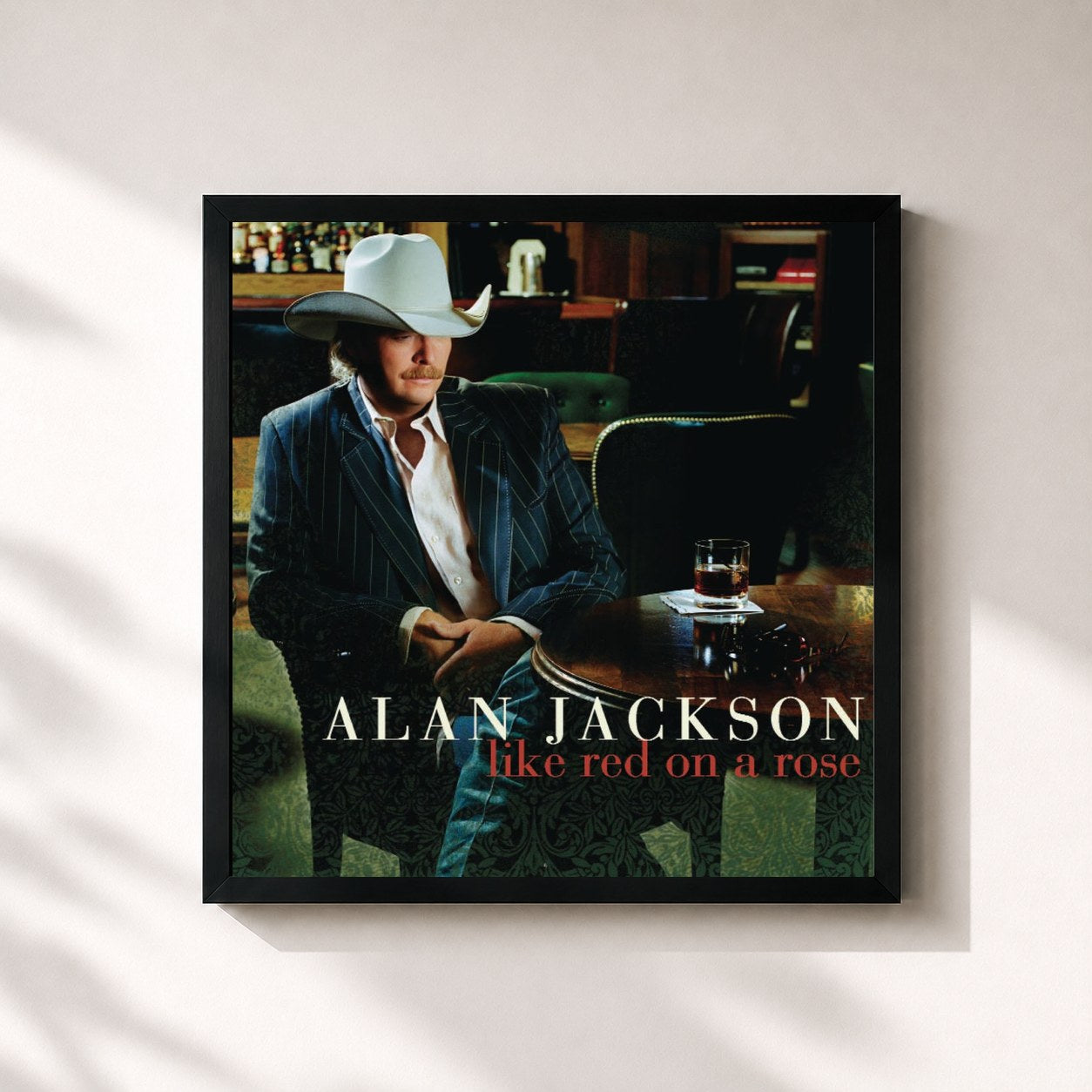 #noir Tableau carré de l'album Like Red On A Rose de Alan Jackson, cadre noir 32x32 cm