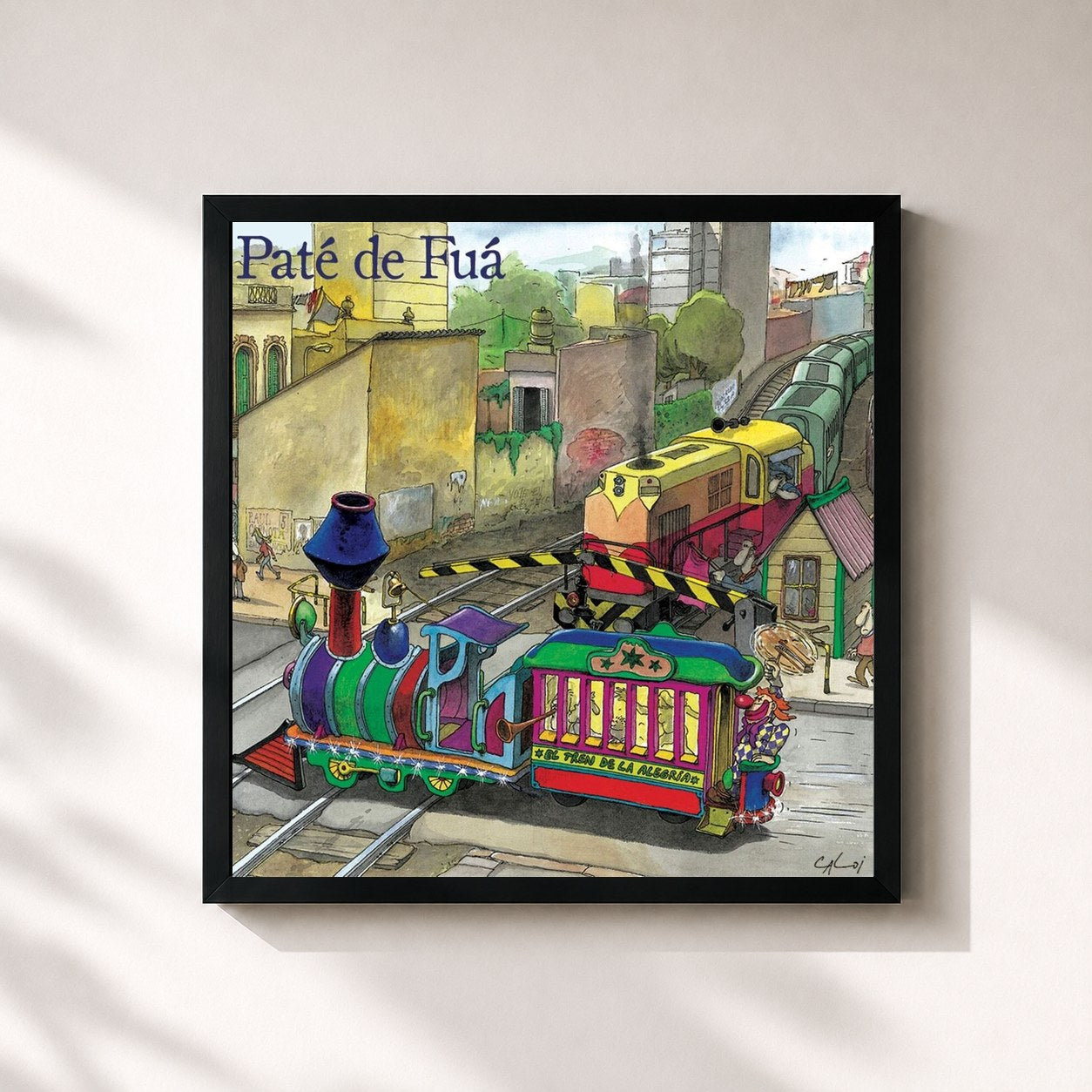 #noir Tableau carré de l'album El Tren de la Alegría de Paté de Fuá, cadre noir 32x32 cm
