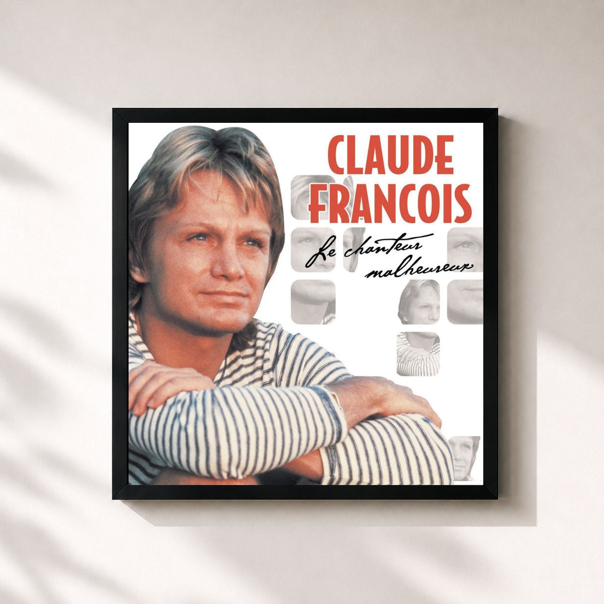 #noir Tableau carré de l'album Le Chanteur Malheureux de Claude François, cadre noir 32x32 cm