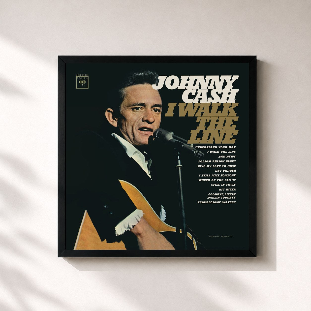 #noir Tableau carré de l'album I Walk the Line de Johnny Cash, cadre noir 32x32 cm