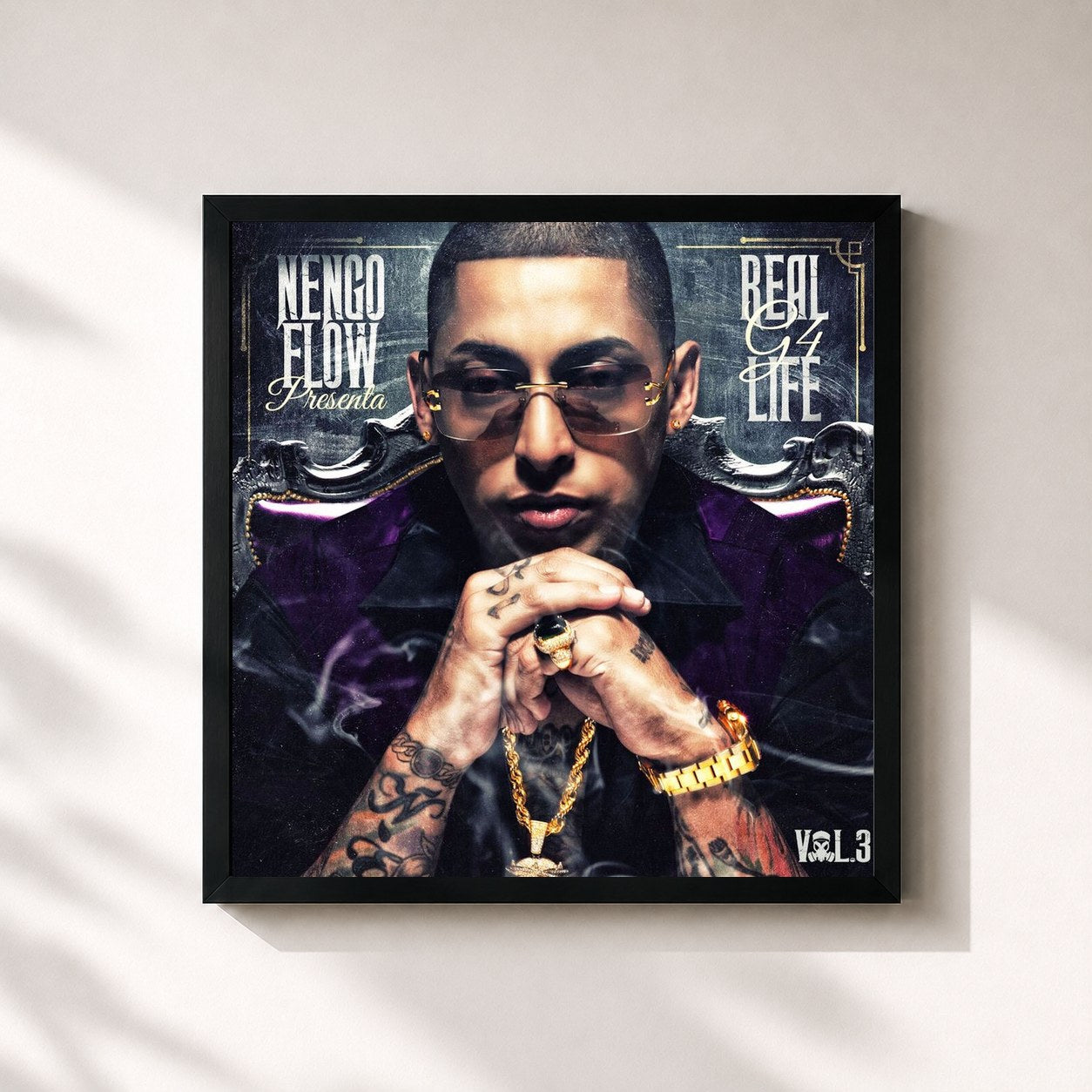 #noir Tableau carré de l'album Real G4 Life Vol. 3 de Ñengo Flow, cadre noir 32x32 cm