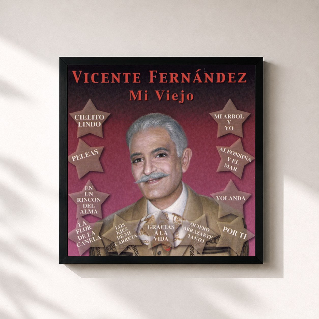 #noir Tableau carré de l'album Mi Viejo de Vicente Fernández, cadre noir 32x32 cm