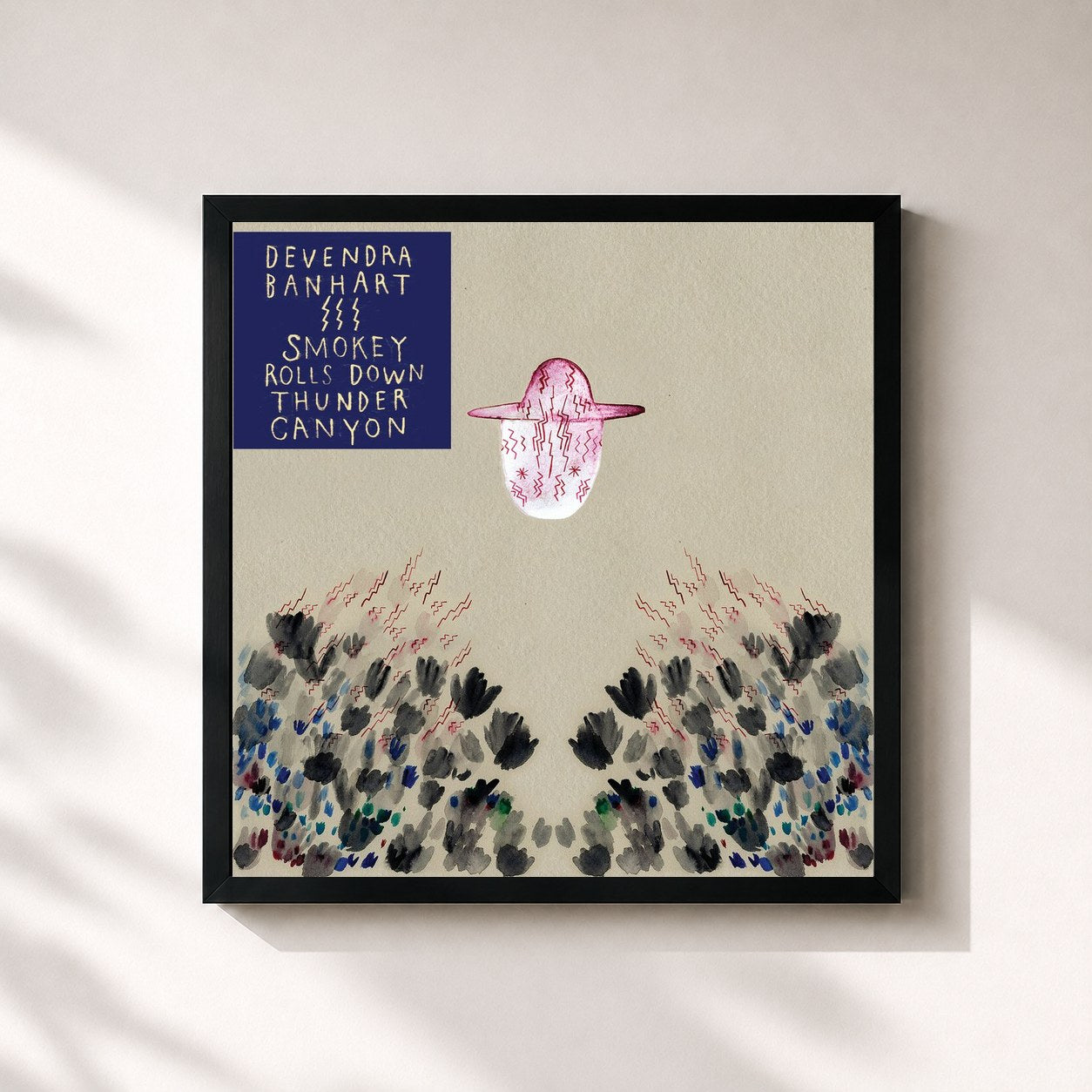#noir Tableau carré de l'album Smokey Rolls Down Thunder Canyon de Devendra Banhart, cadre noir 32x32 cm