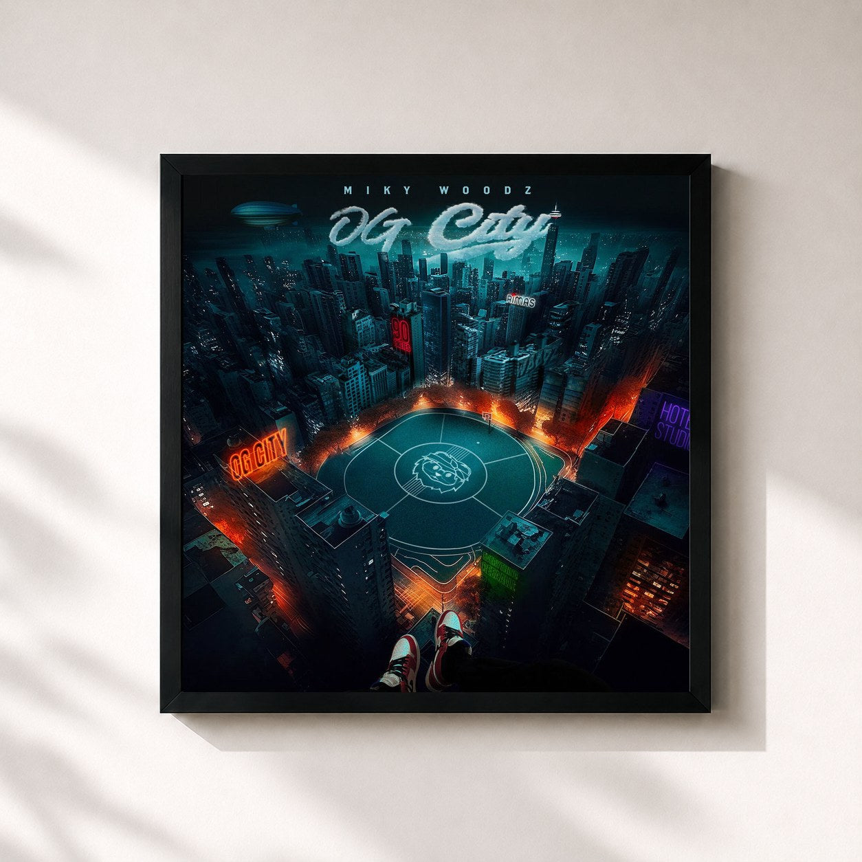 #noir Tableau carré de l'album OG CITY de Miky Woodz, cadre noir 32x32 cm