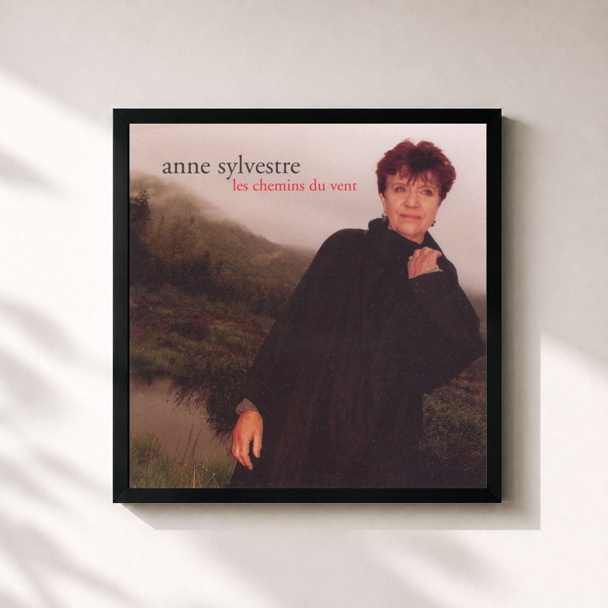 #noir Tableau carré de l'album Les chemins du vent de Anne Sylvestre, cadre noir 32x32 cm