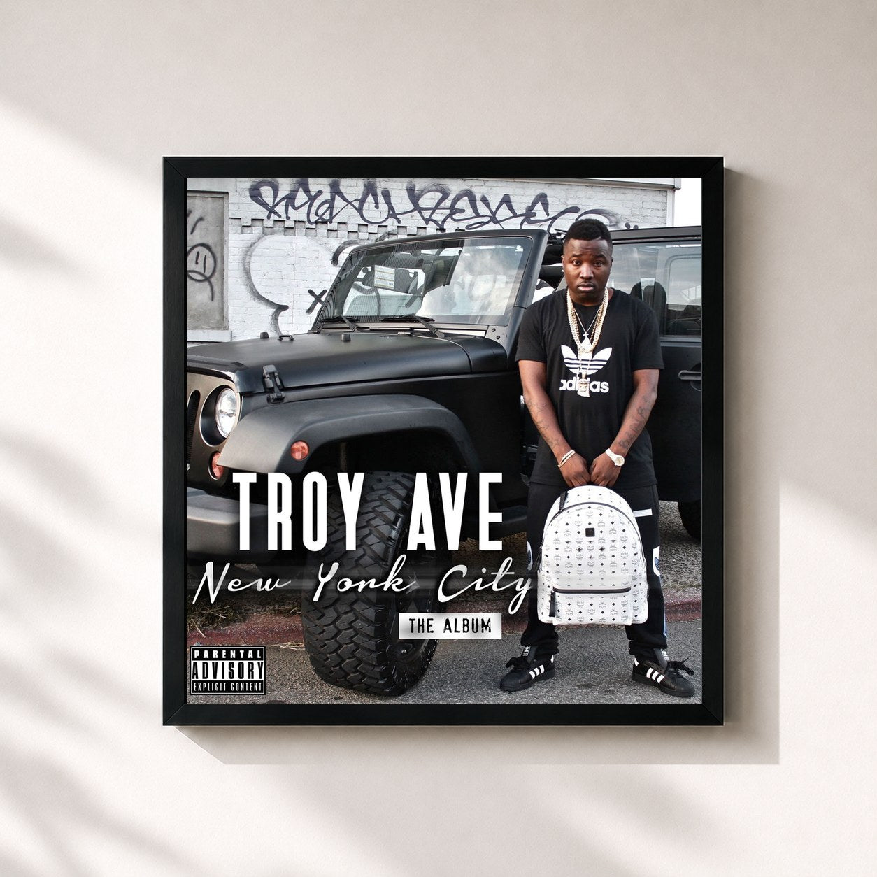 #noir Tableau carré de l'album New York City de Troy Ave, cadre noir 32x32 cm