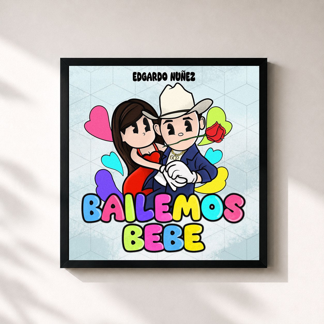 #noir Tableau carré de l'album Bailemos Bebe de Edgardo Nunez, cadre noir 32x32 cm