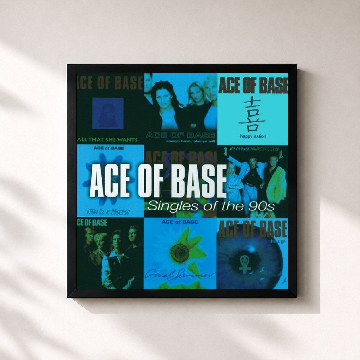#noir Tableau carré de l'album Singles of the 90s de Ace of Base, cadre noir 32x32 cm