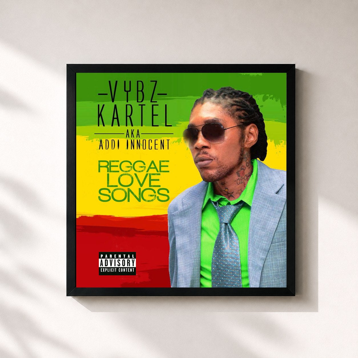 #noir Tableau carré de l'album Reggae Love Songs (Raw) de Vybz Kartel, cadre noir 32x32 cm