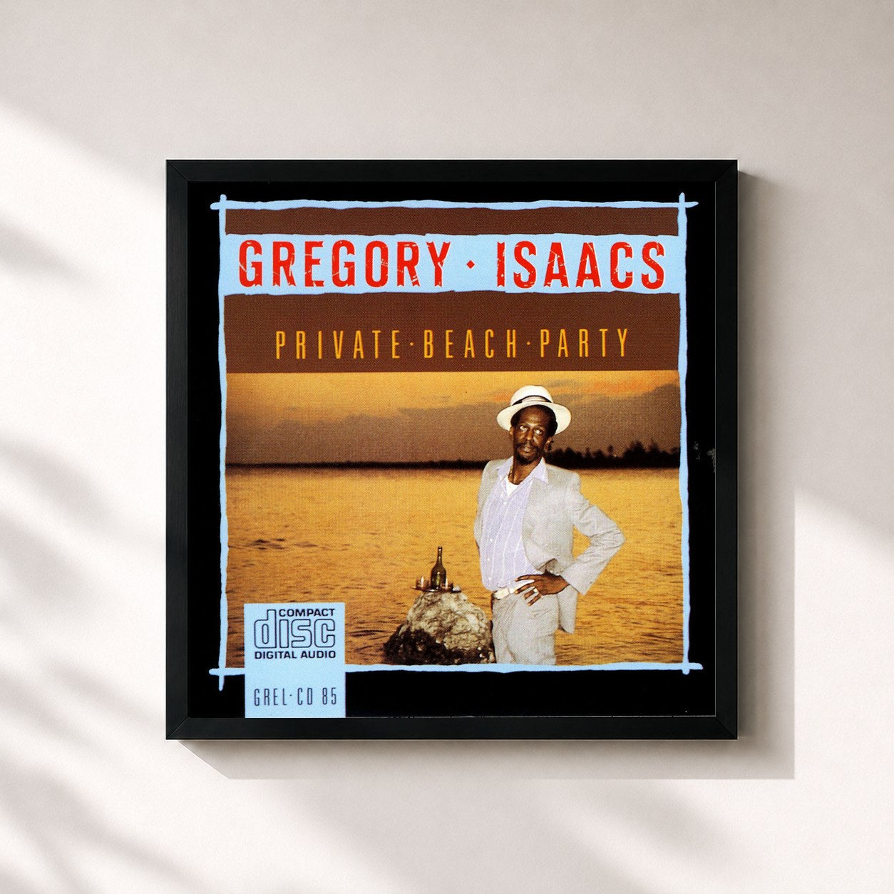 #noir Tableau carré de l'album Private Beach Party de Gregory Isaacs, cadre noir 32x32 cm