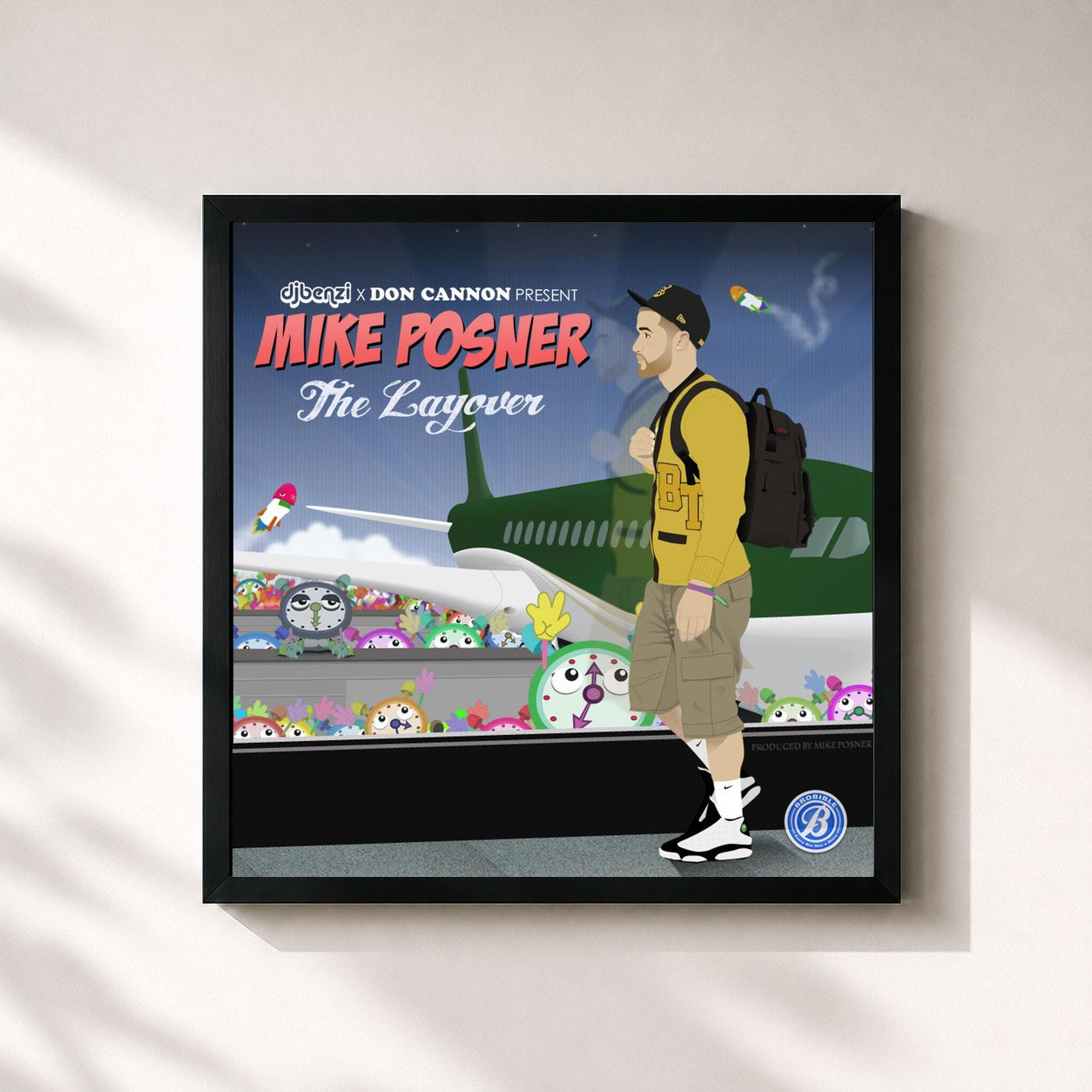 #noir Tableau carré de l'album The Layover de Mike Posner, cadre noir 32x32 cm