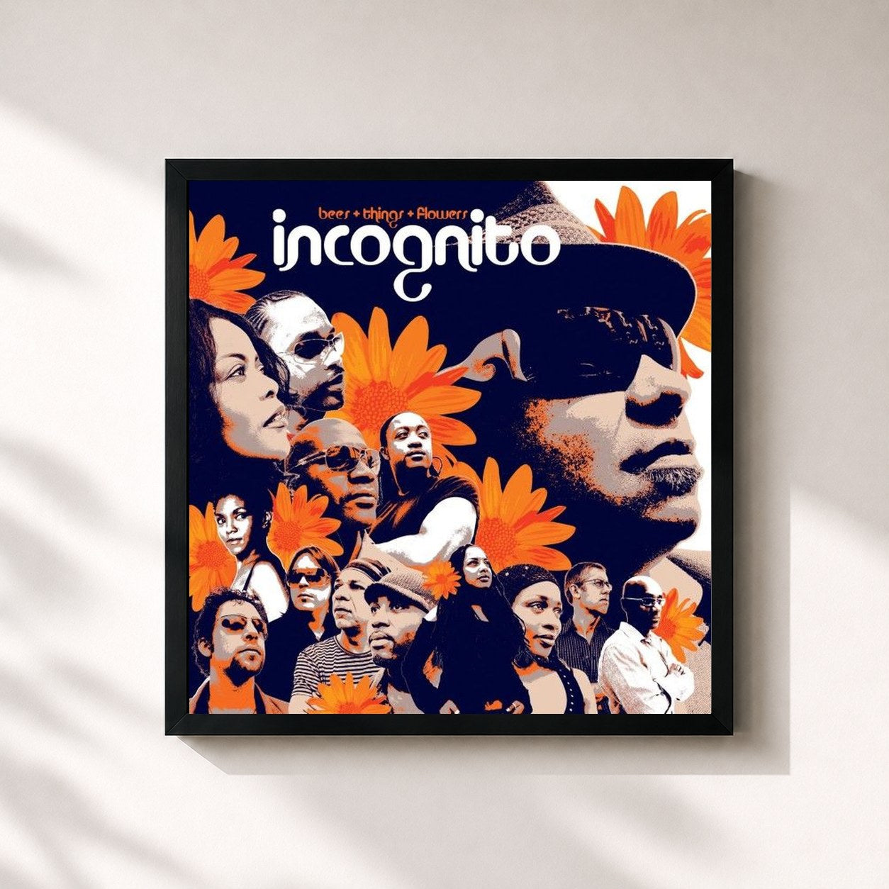 #noir Tableau carré de l'album Bees + Things + Flowers de Incognito, cadre noir 32x32 cm