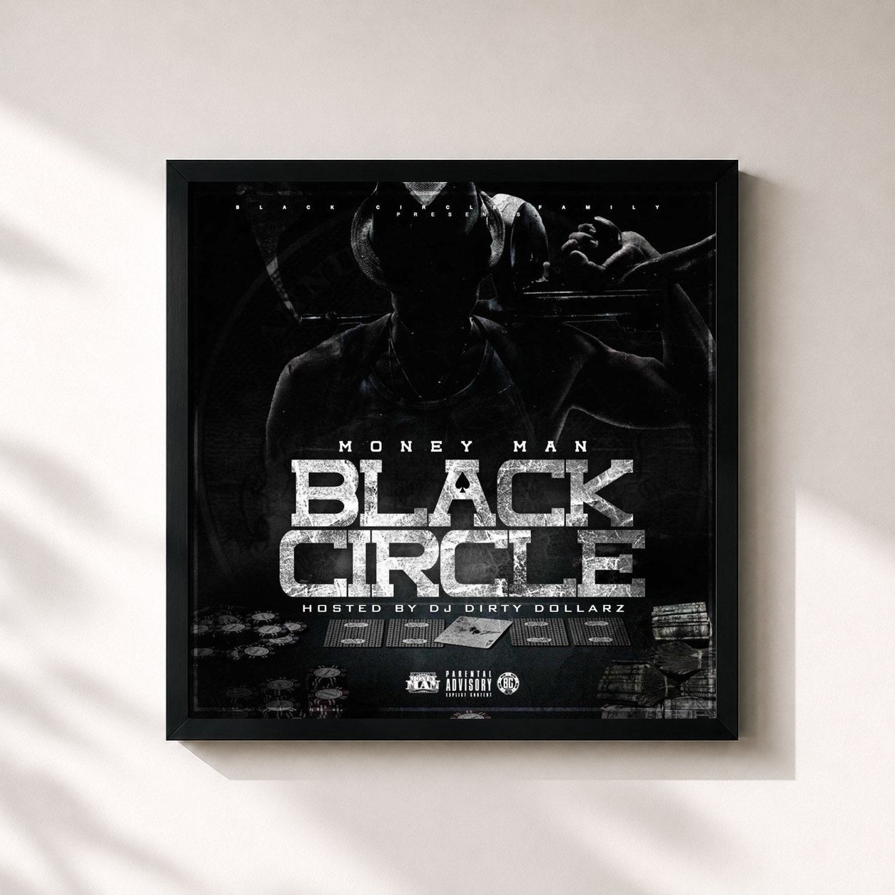 #noir Tableau carré de l'album Black Circle de Money Man, cadre noir 32x32 cm
