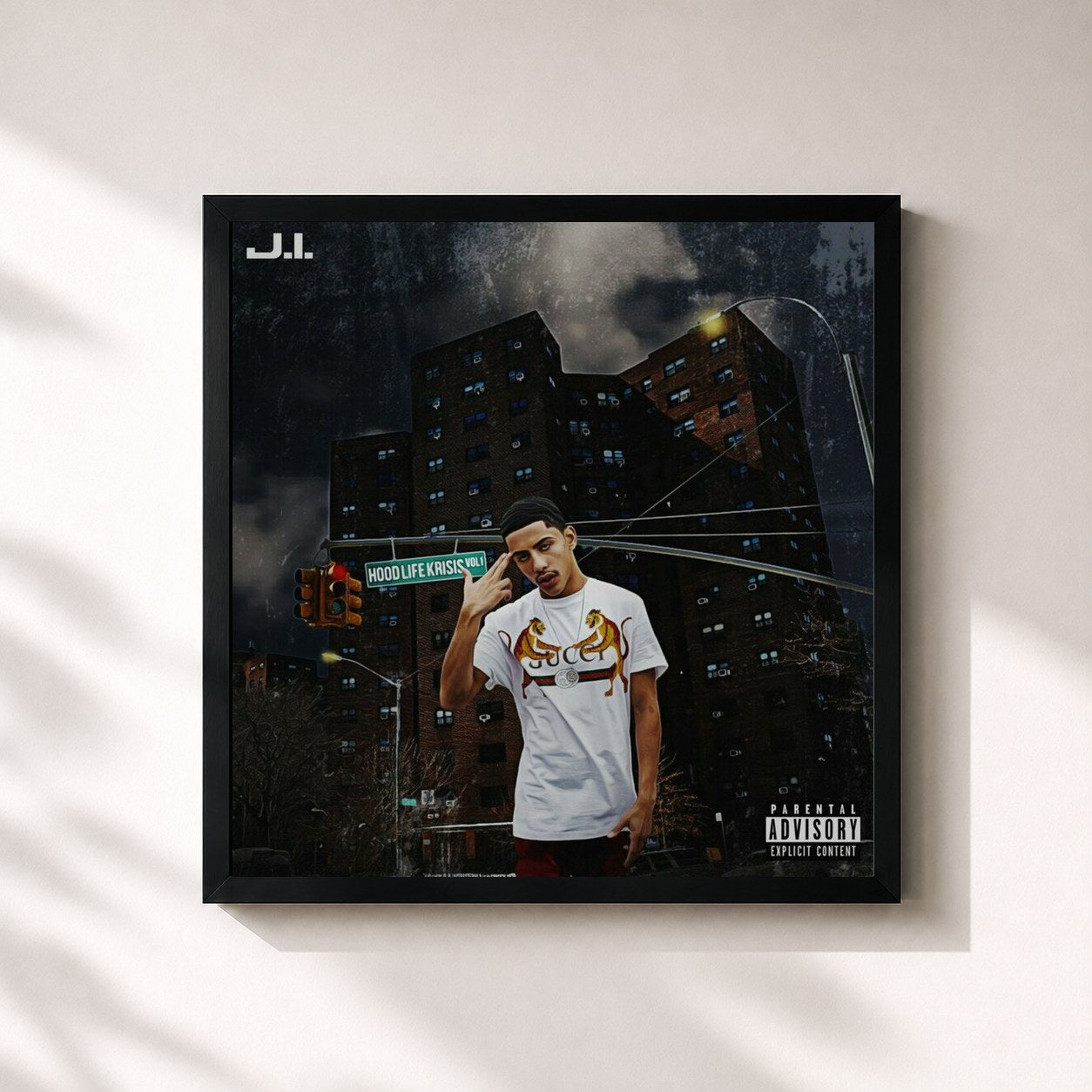 #noir Tableau carré de l'album Hood Life Krisis, Vol. 1 de J.I the Prince of N.Y, cadre noir 32x32 cm