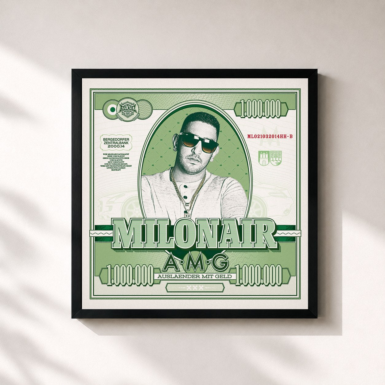 #noir Tableau carré de l'album AMG de Milonair, cadre noir 32x32 cm