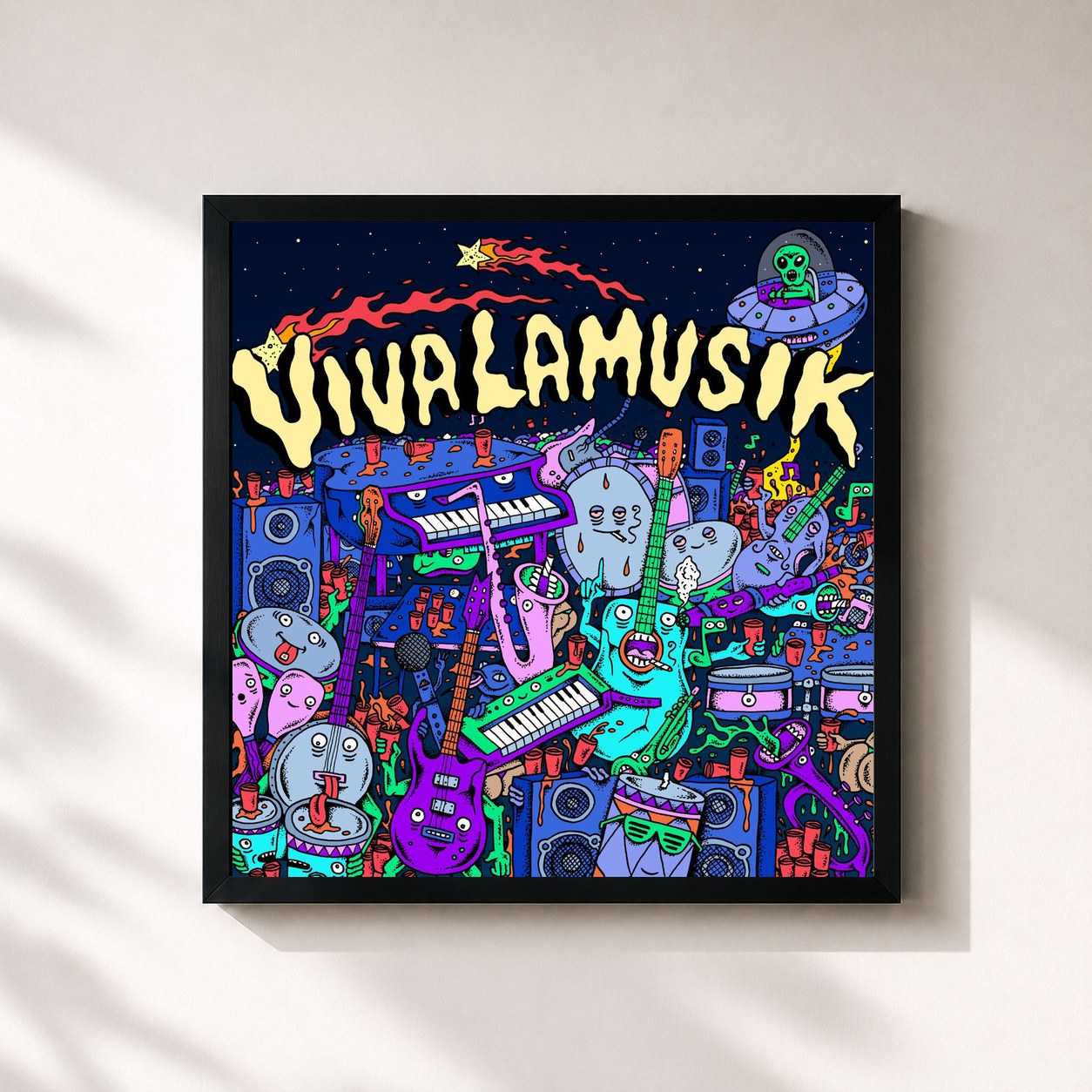 #noir Tableau carré de l'album Viva La Musik de Jowell & Randy, cadre noir 32x32 cm