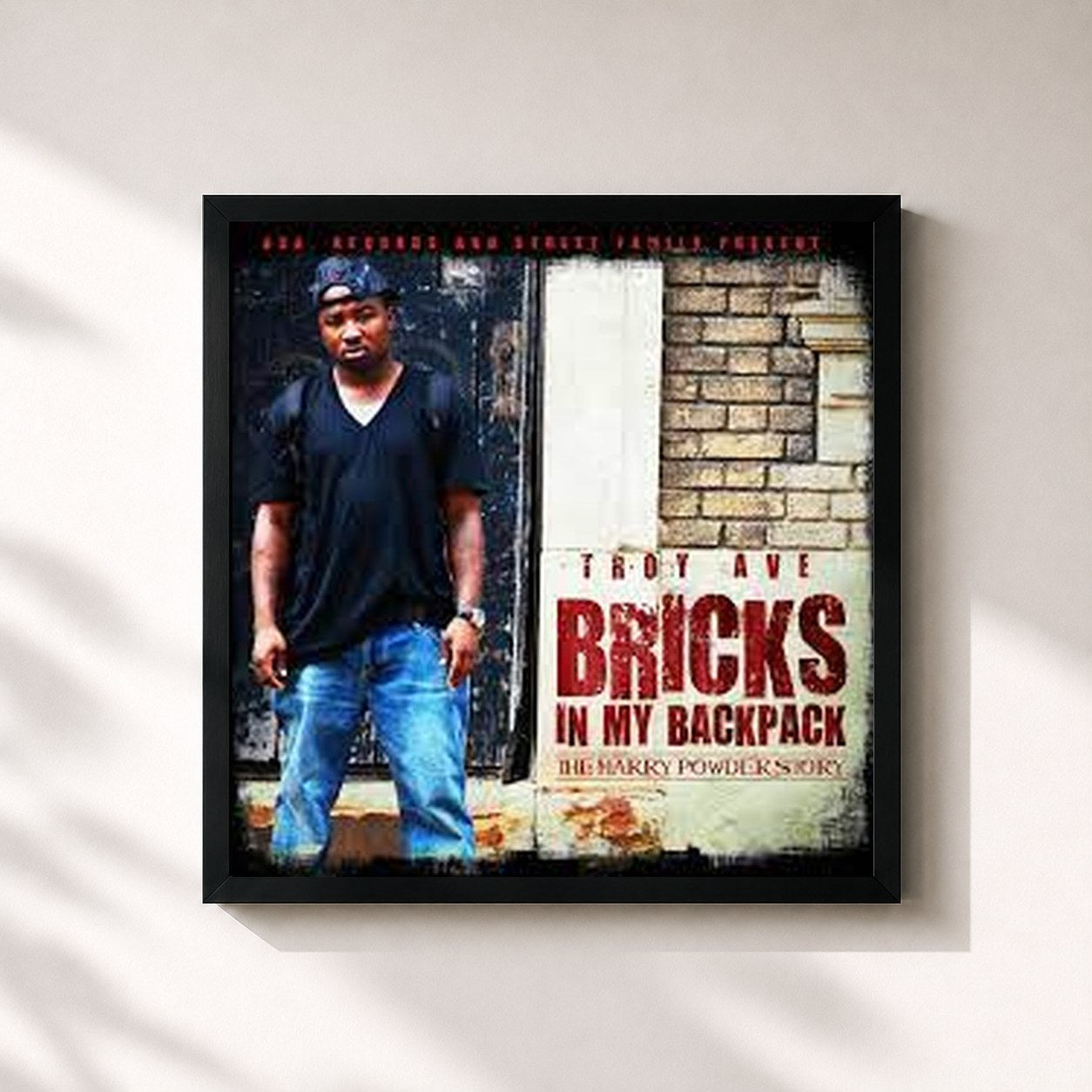 #noir Tableau carré de l'album Bricks In My Backpack de Troy Ave, cadre noir 32x32 cm