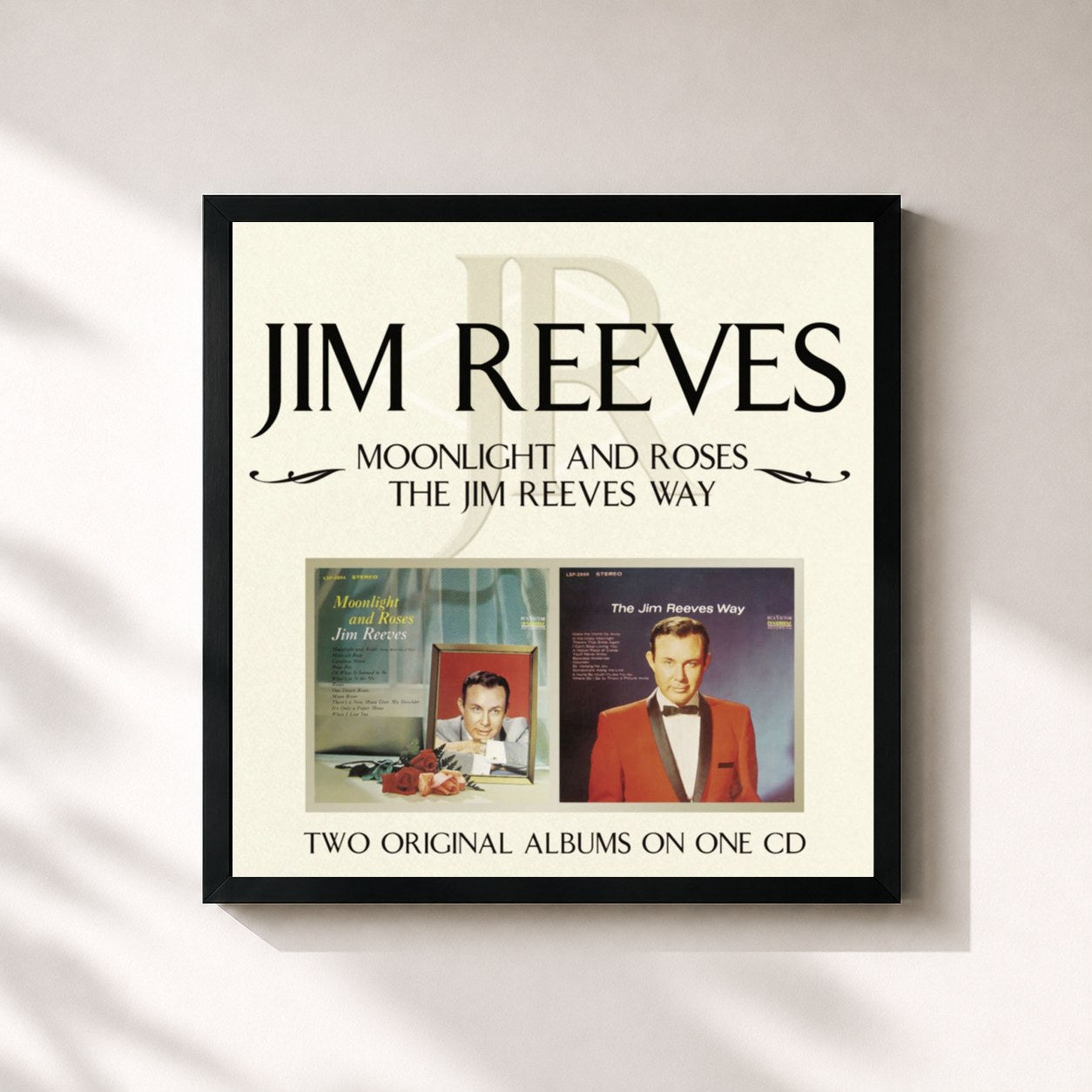 #noir Tableau carré de l'album Moonlight and Roses/The Jim Reeves Way de Jim Reeves, cadre noir 32x32 cm