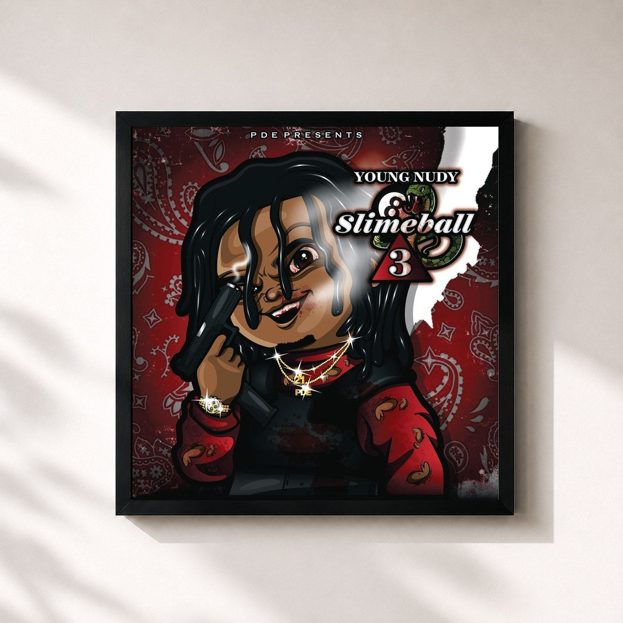#noir Tableau carré de l'album SlimeBall 3 de Young Nudy, cadre noir 32x32 cm