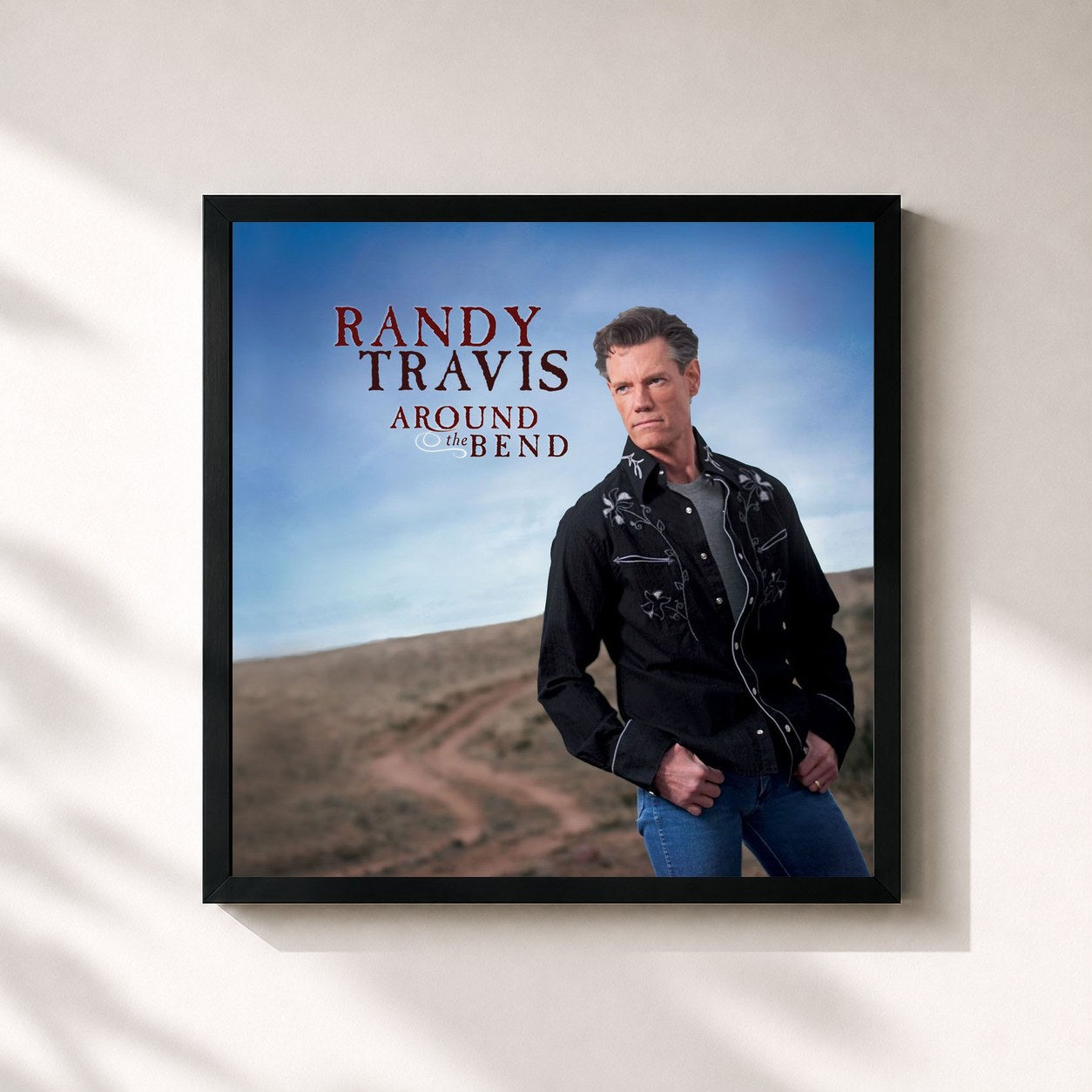 #noir Tableau carré de l'album Around the Bend de Randy Travis, cadre noir 32x32 cm