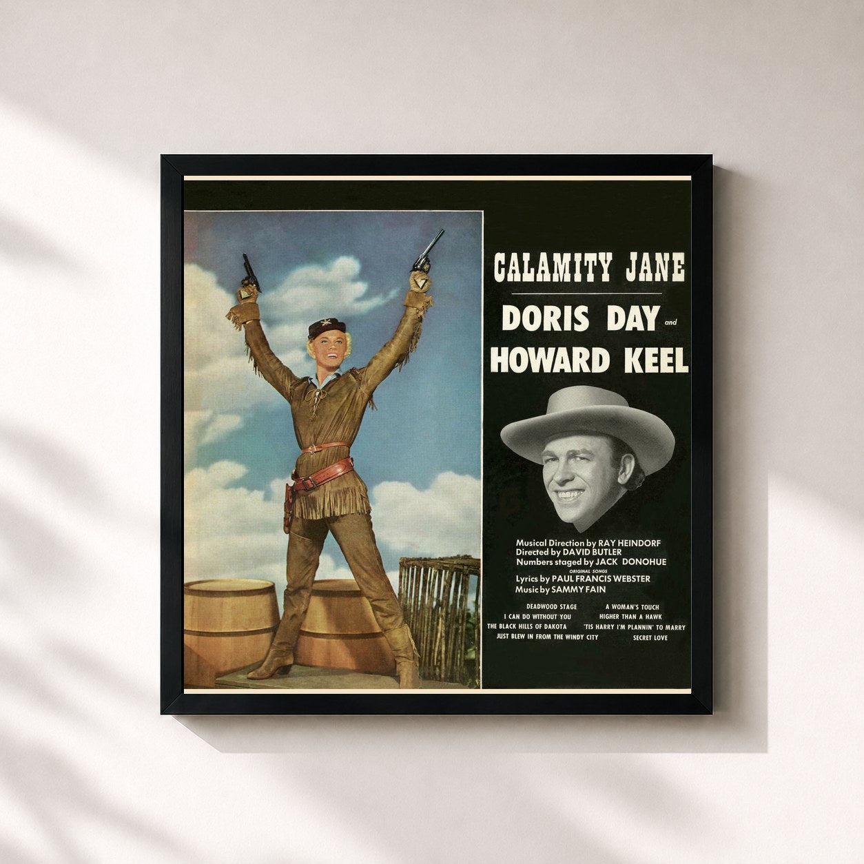 #noir Tableau carré de l'album Calamity Jane de Doris Day, cadre noir 32x32 cm