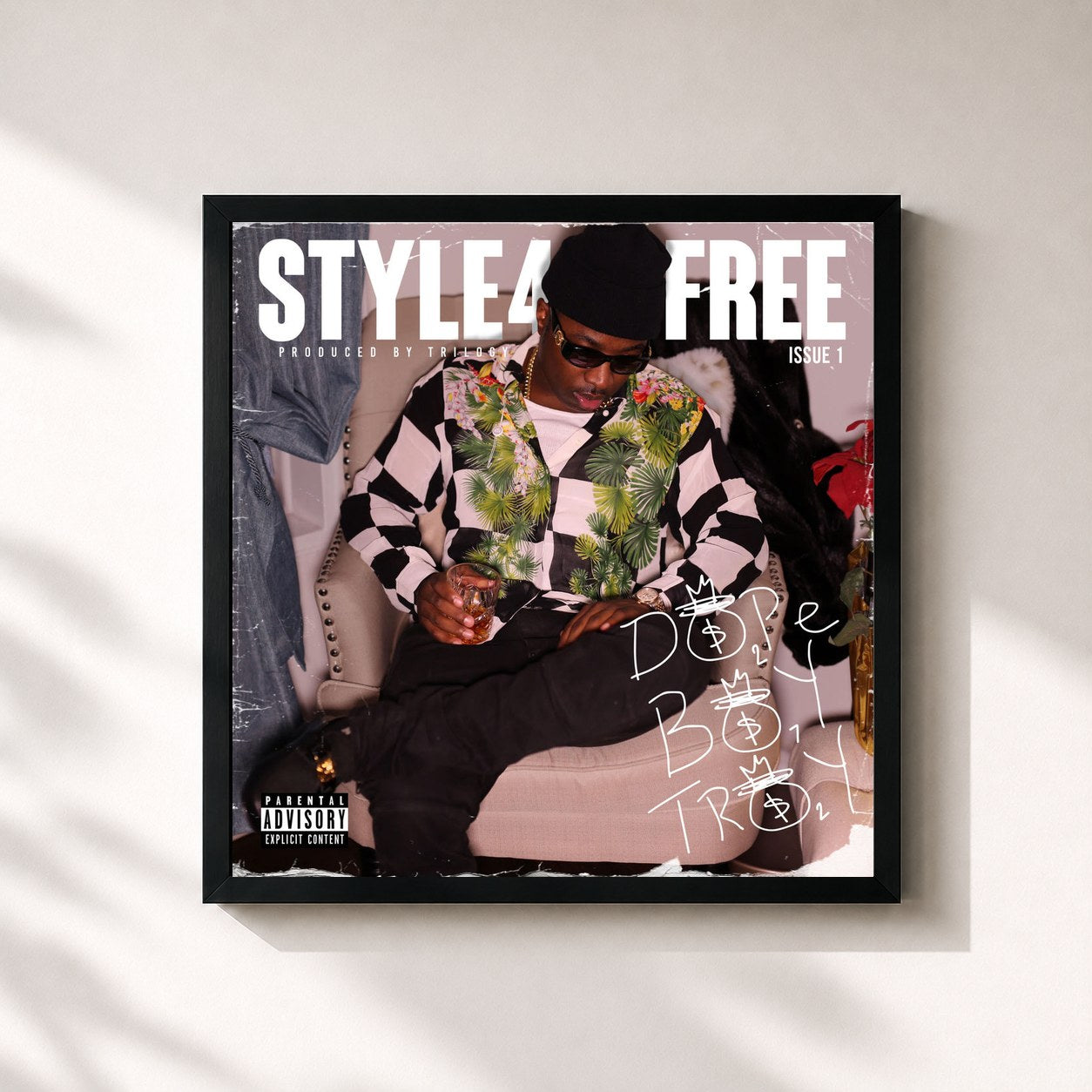 #noir Tableau carré de l'album Style 4 Free de Troy Ave, cadre noir 32x32 cm