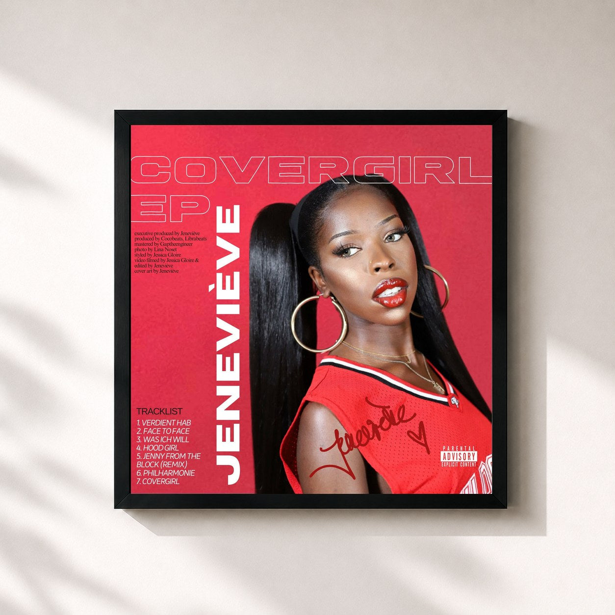 #noir Tableau carré de l'album COVERGIRL EP de Jenevieve, cadre noir 32x32 cm