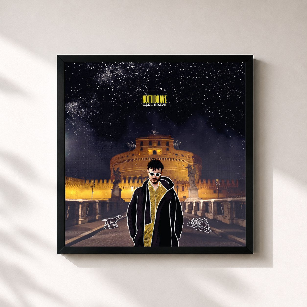 #noir Tableau carré de l'album Notti Brave de Carl Brave, cadre noir 32x32 cm