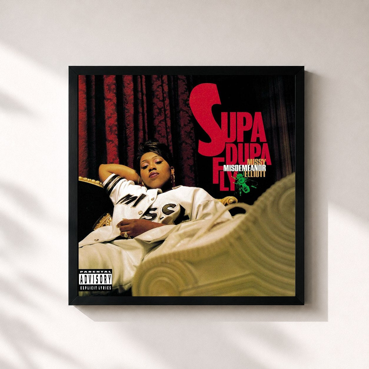 #noir Tableau carré de l'album Supa Dupa Fly de Missy Elliott, cadre noir 32x32 cm
